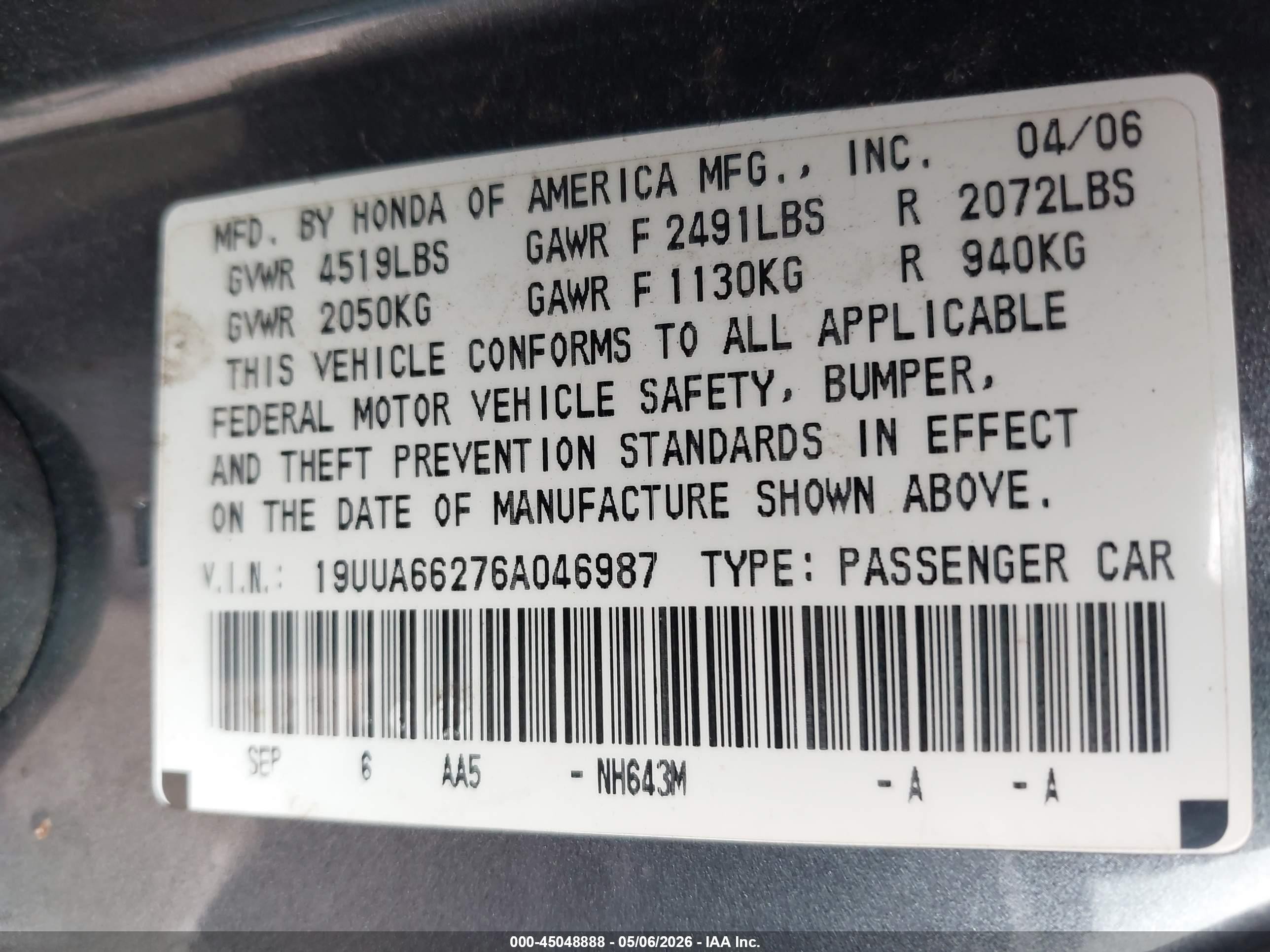 2006 Acura Tl   Серый vin: 19UUA66276A046987