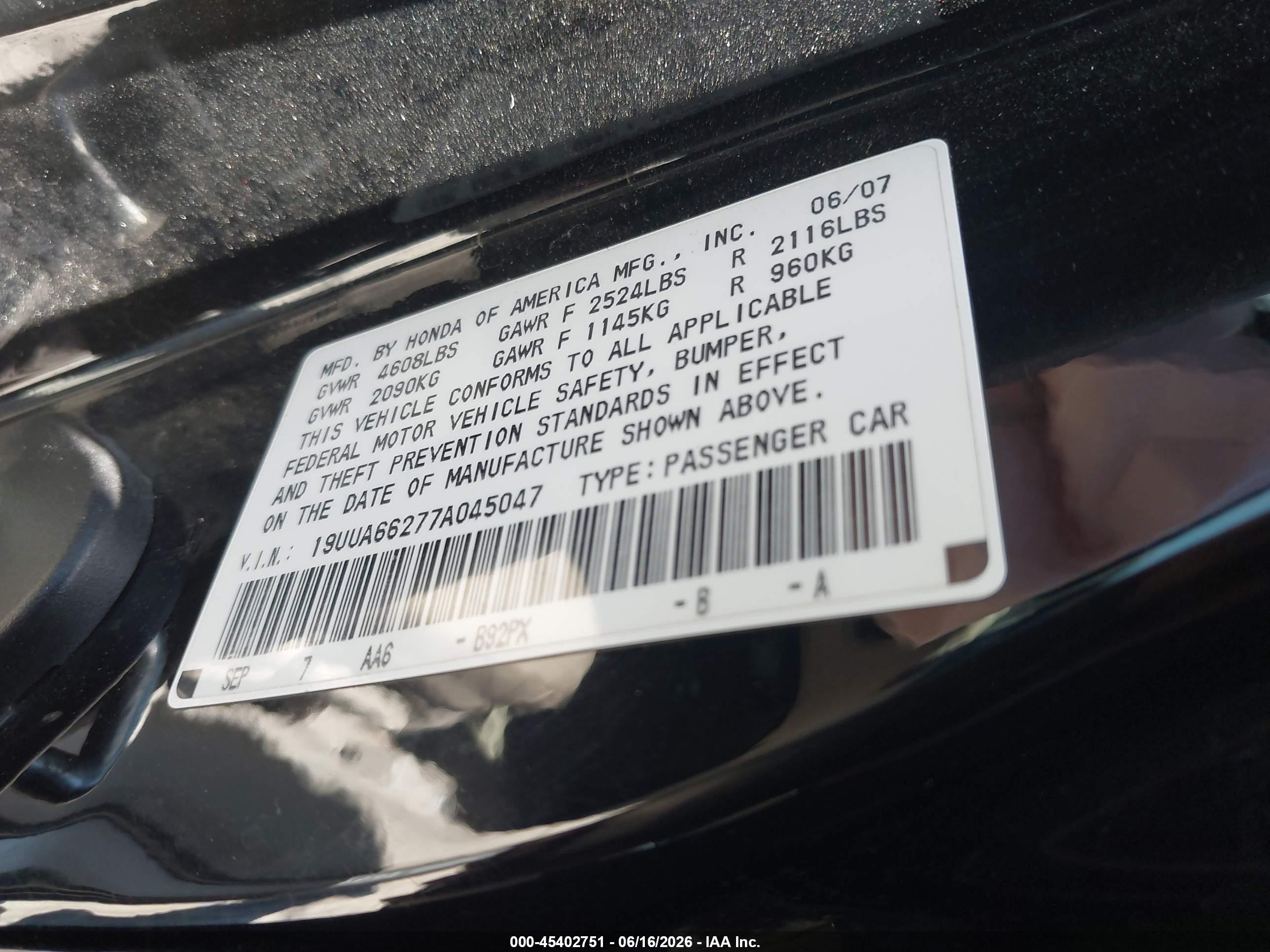 2007 Acura Tl 3.2 Black vin: 19UUA66277A045047