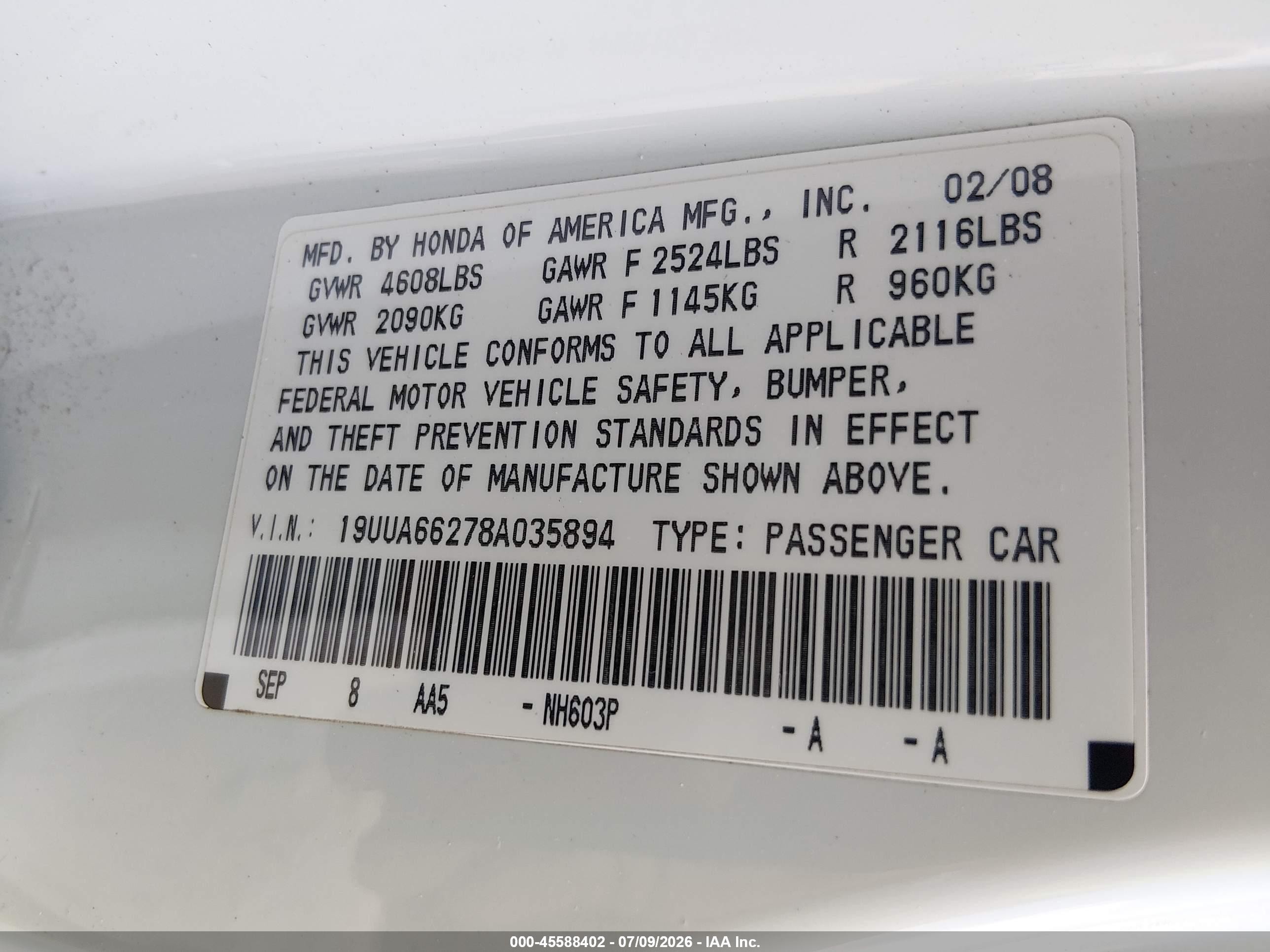 2008 Acura Tl 3.2 White vin: 19UUA66278A035894