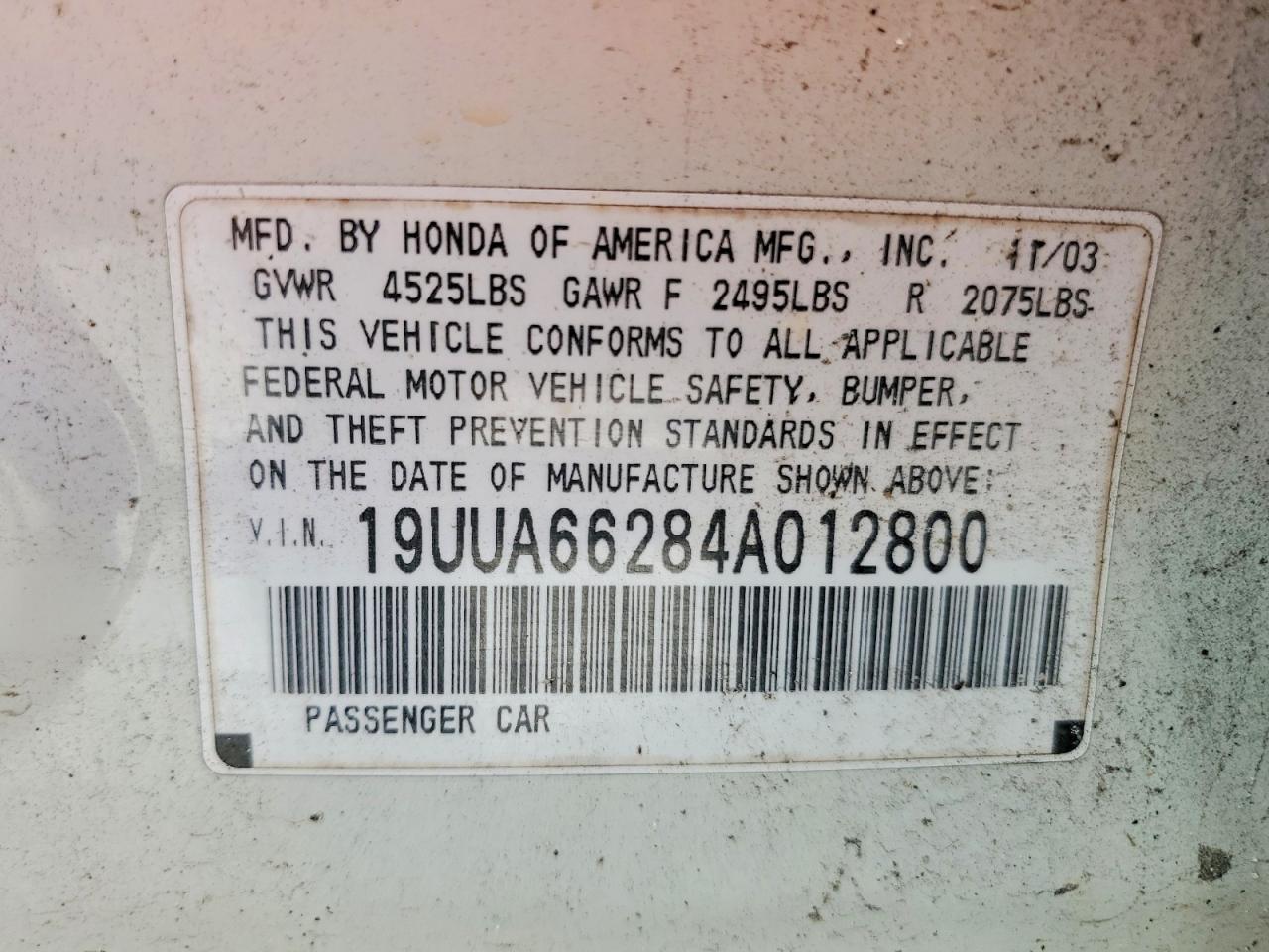 2004 Acura Tl White vin: 19UUA66284A012800