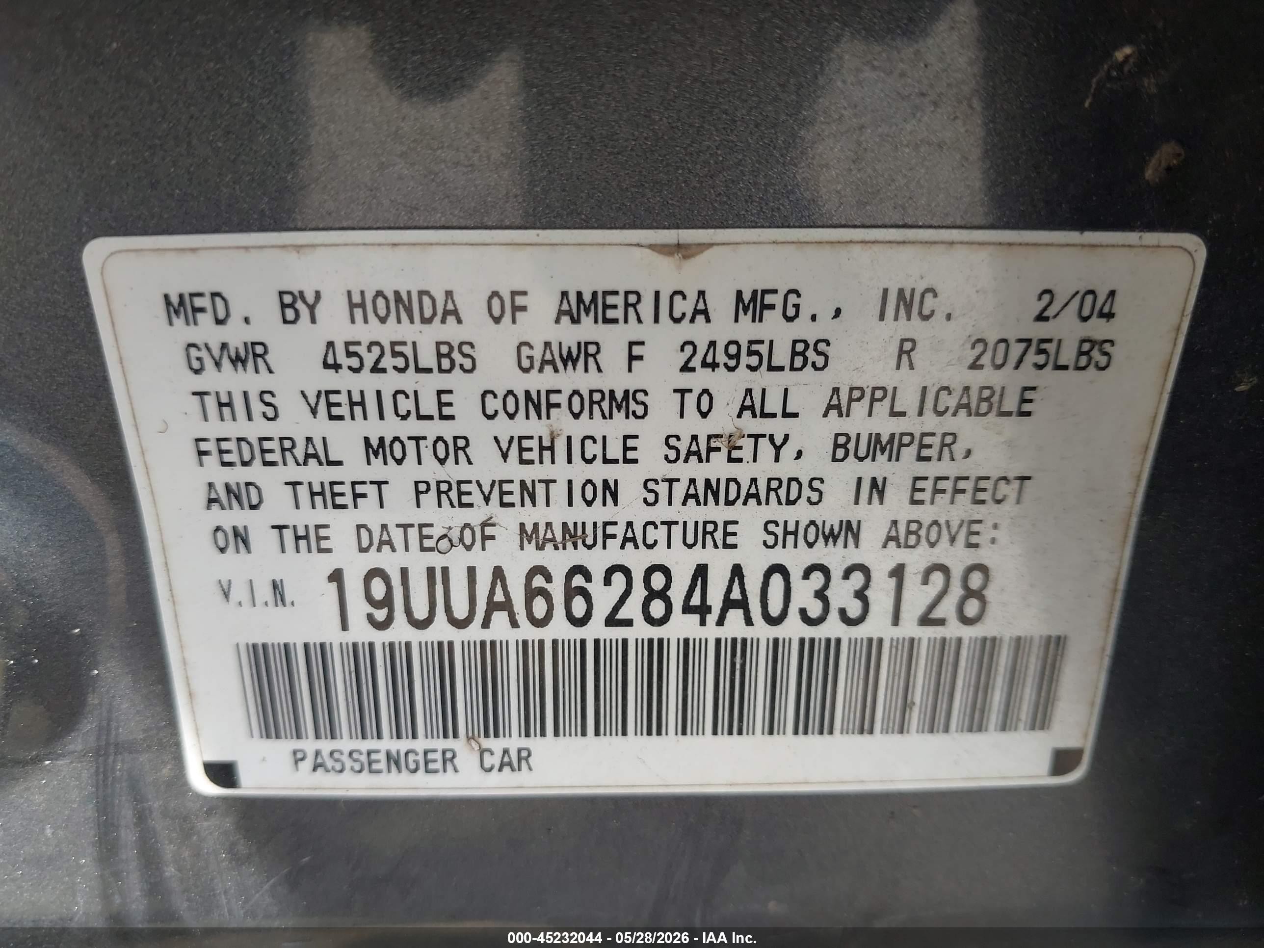 2004 Acura Tl   Gray vin: 19UUA66284A033128