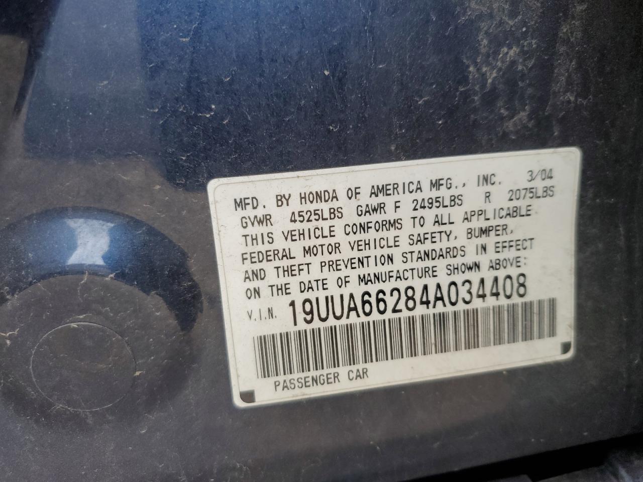 2004 Acura Tl Blue vin: 19UUA66284A034408