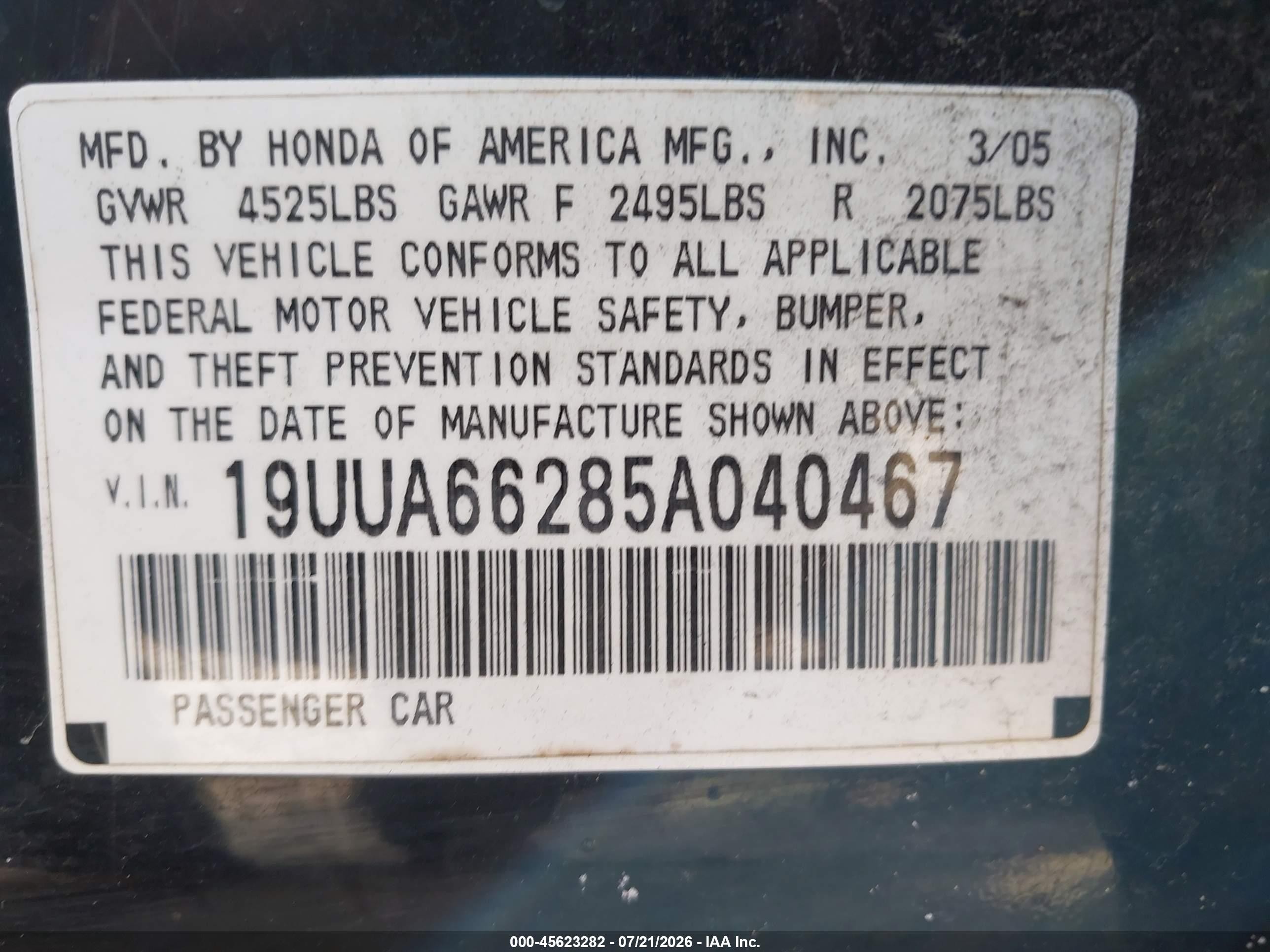 2005 Acura Tl   Black vin: 19UUA66285A040467