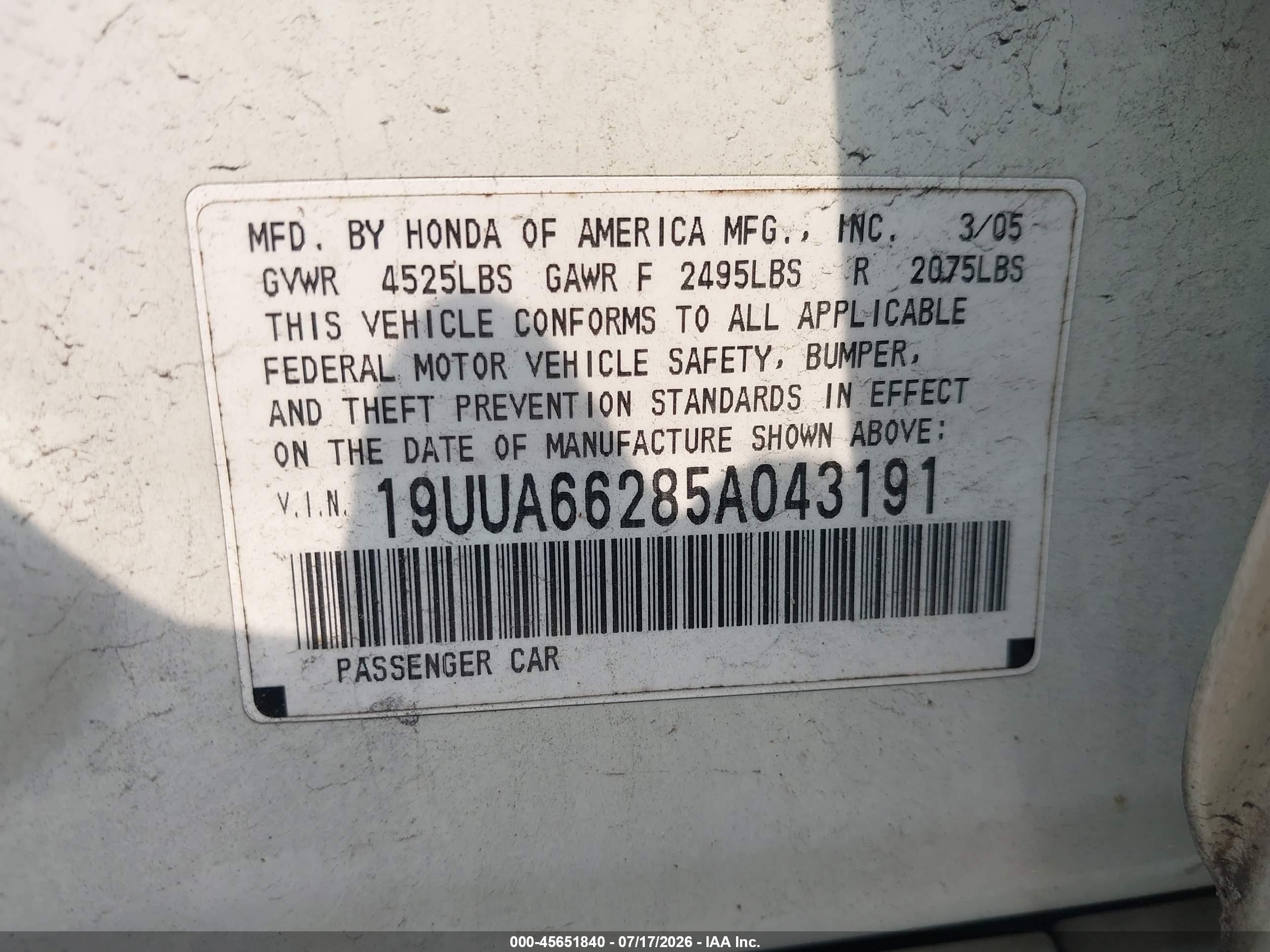 2005 Acura Tl Белый vin: 19UUA66285A043191