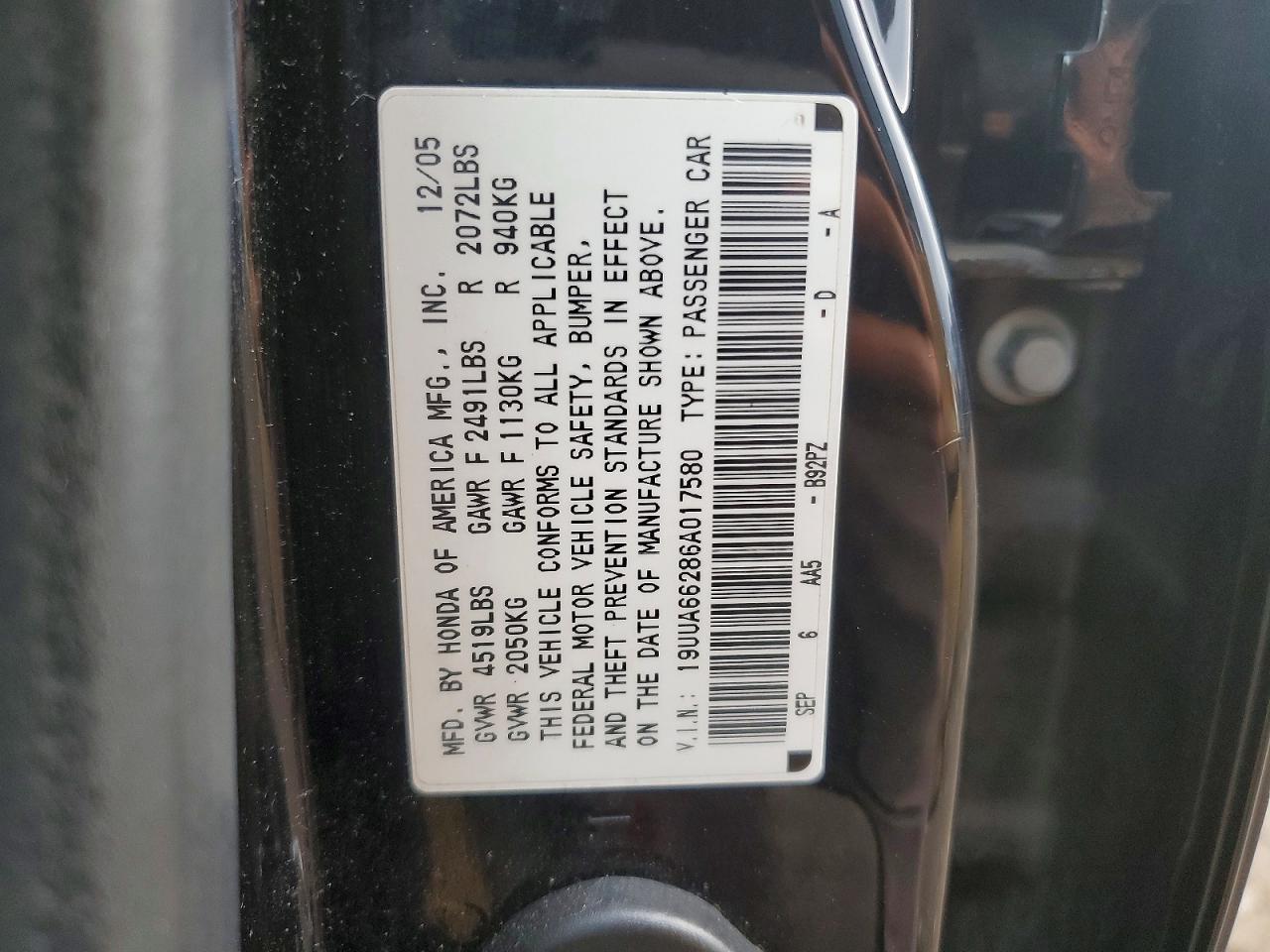 2006 Acura 3.2tl Черный vin: 19UUA66286A017580
