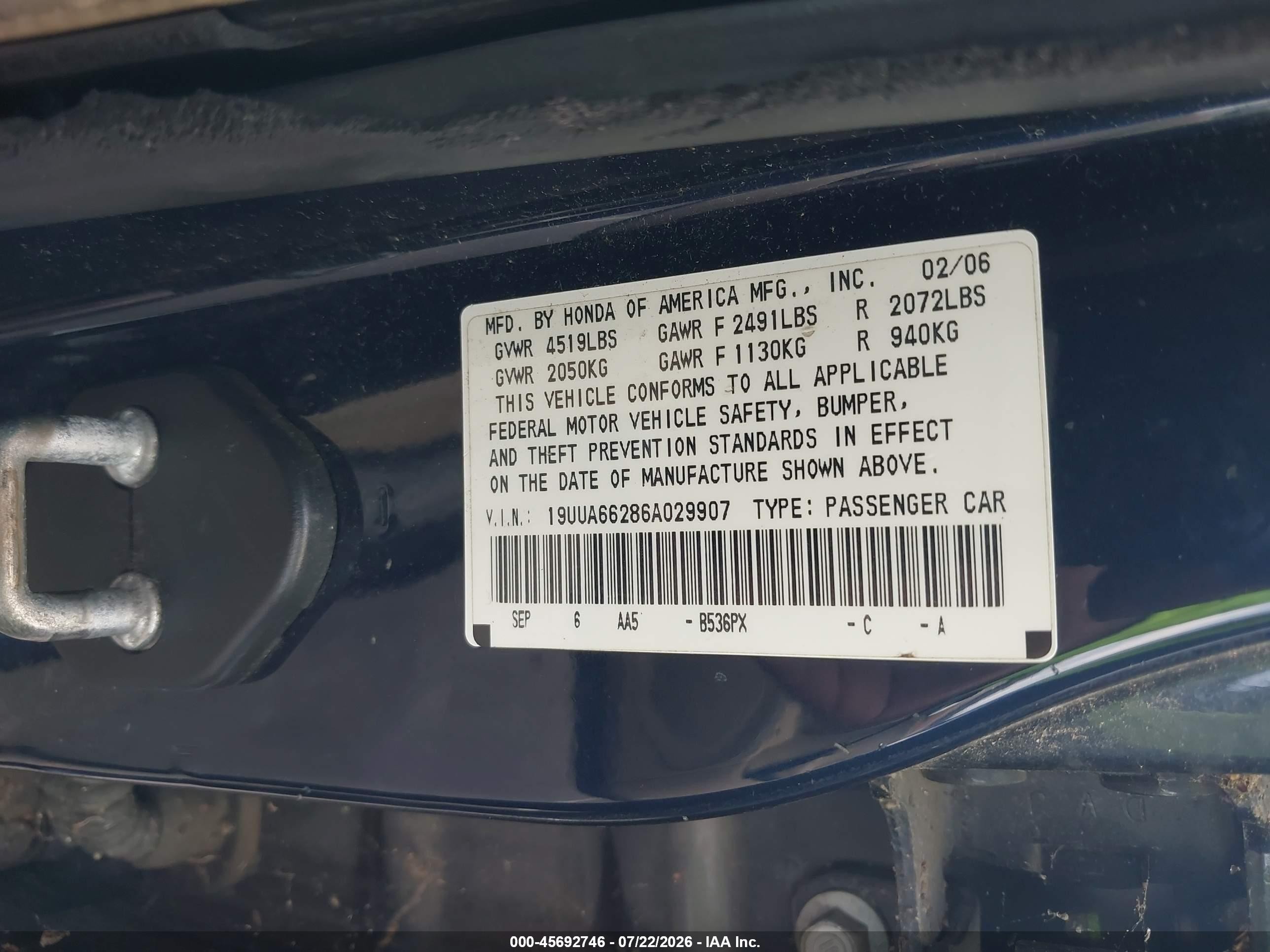 2006 Acura Tl   Blue vin: 19UUA66286A029907
