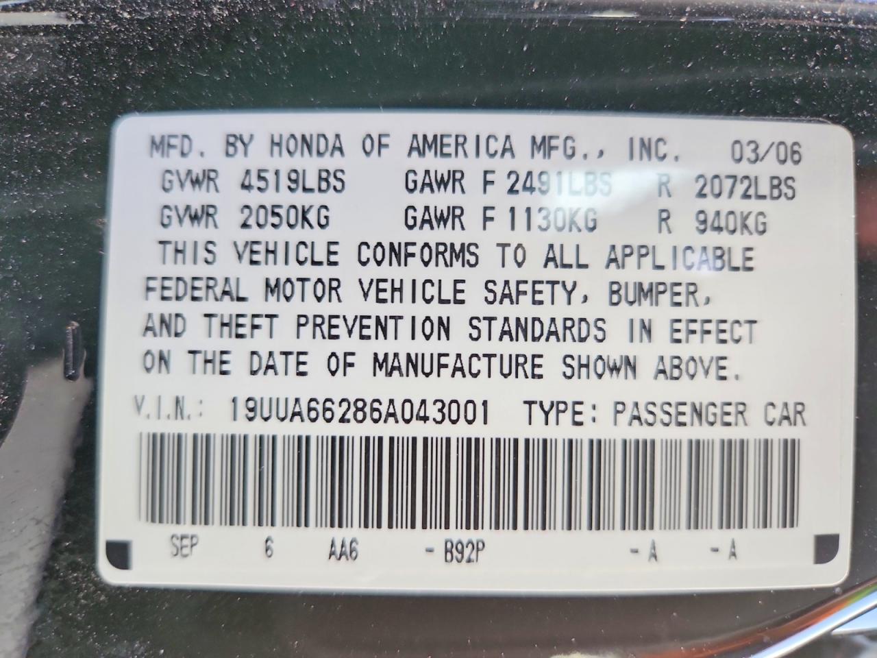 2006 Acura 3.2tl Black vin: 19UUA66286A043001