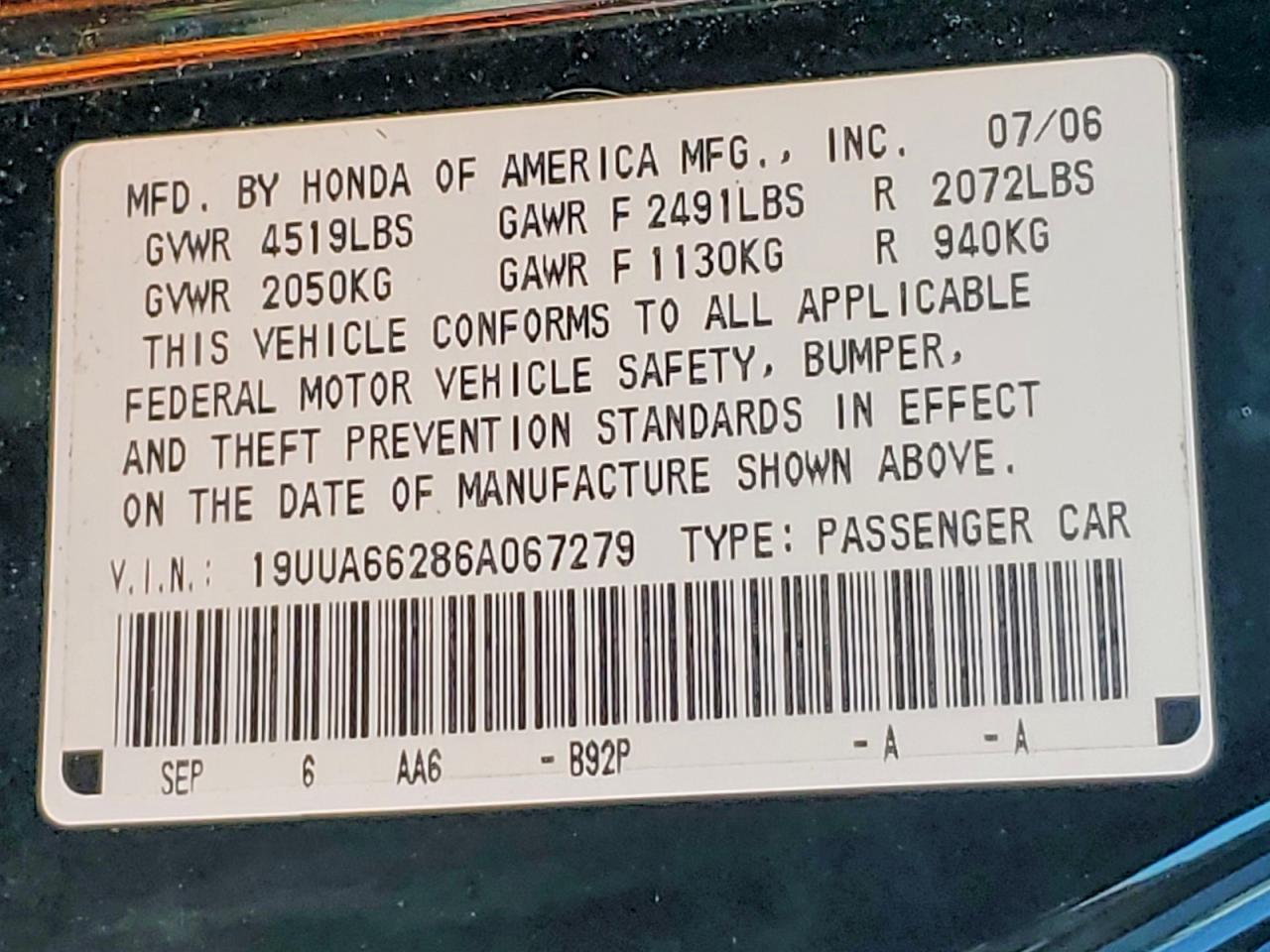 2006 Acura 3.2tl Black vin: 19UUA66286A067279