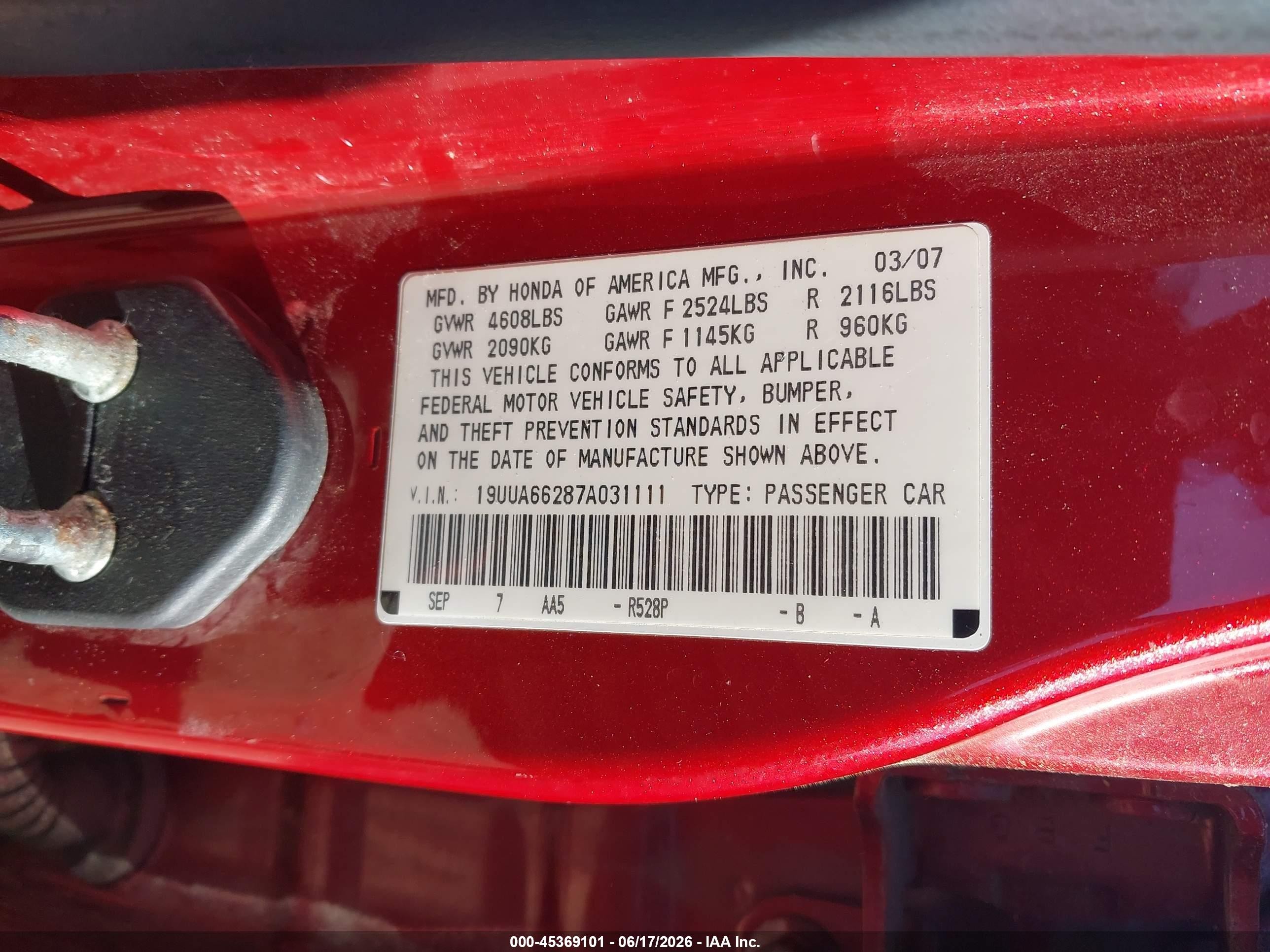 2007 Acura Tl 3.2 Red vin: 19UUA66287A031111