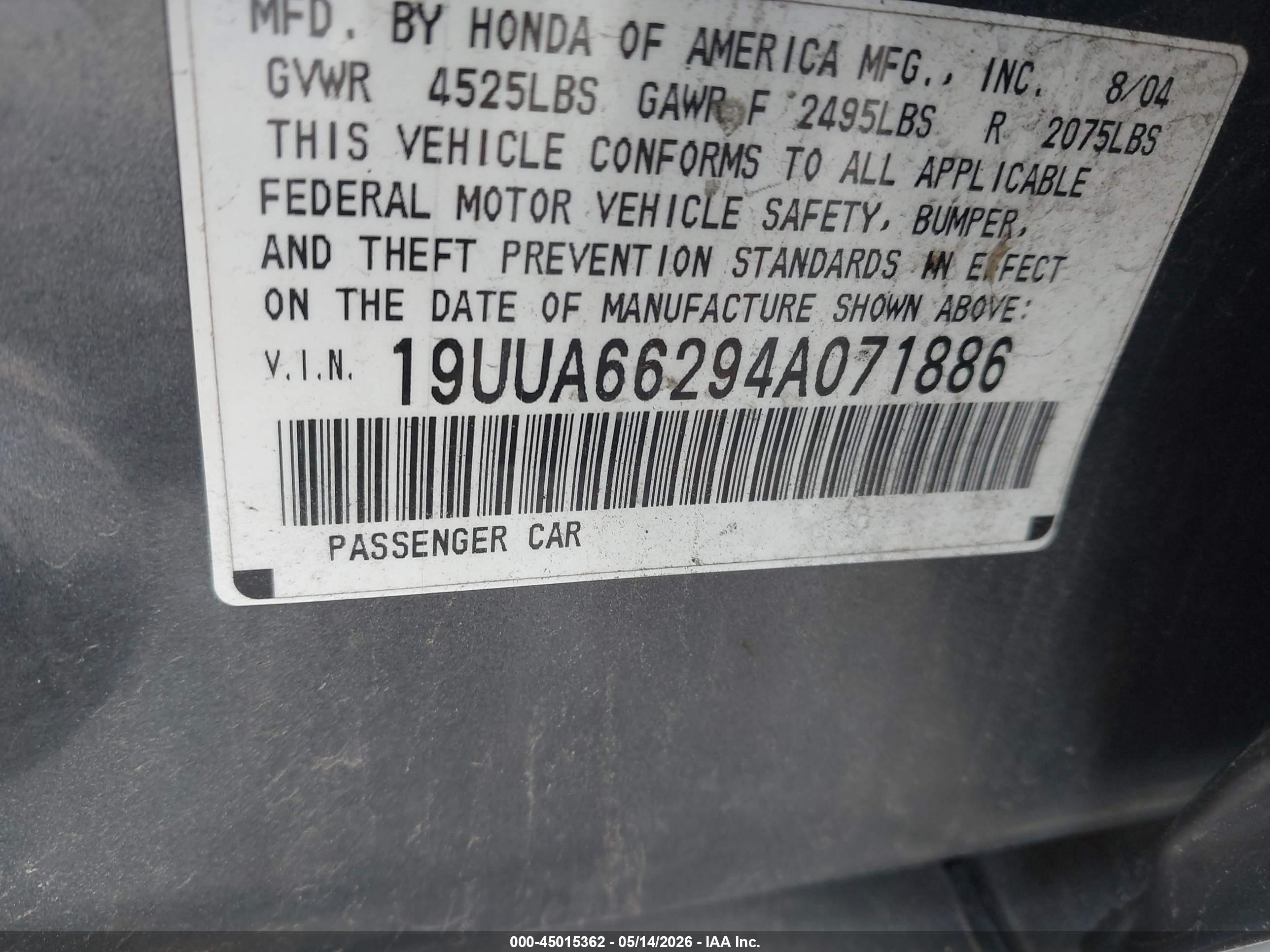 2004 Acura Tl   Gray vin: 19UUA66294A071886