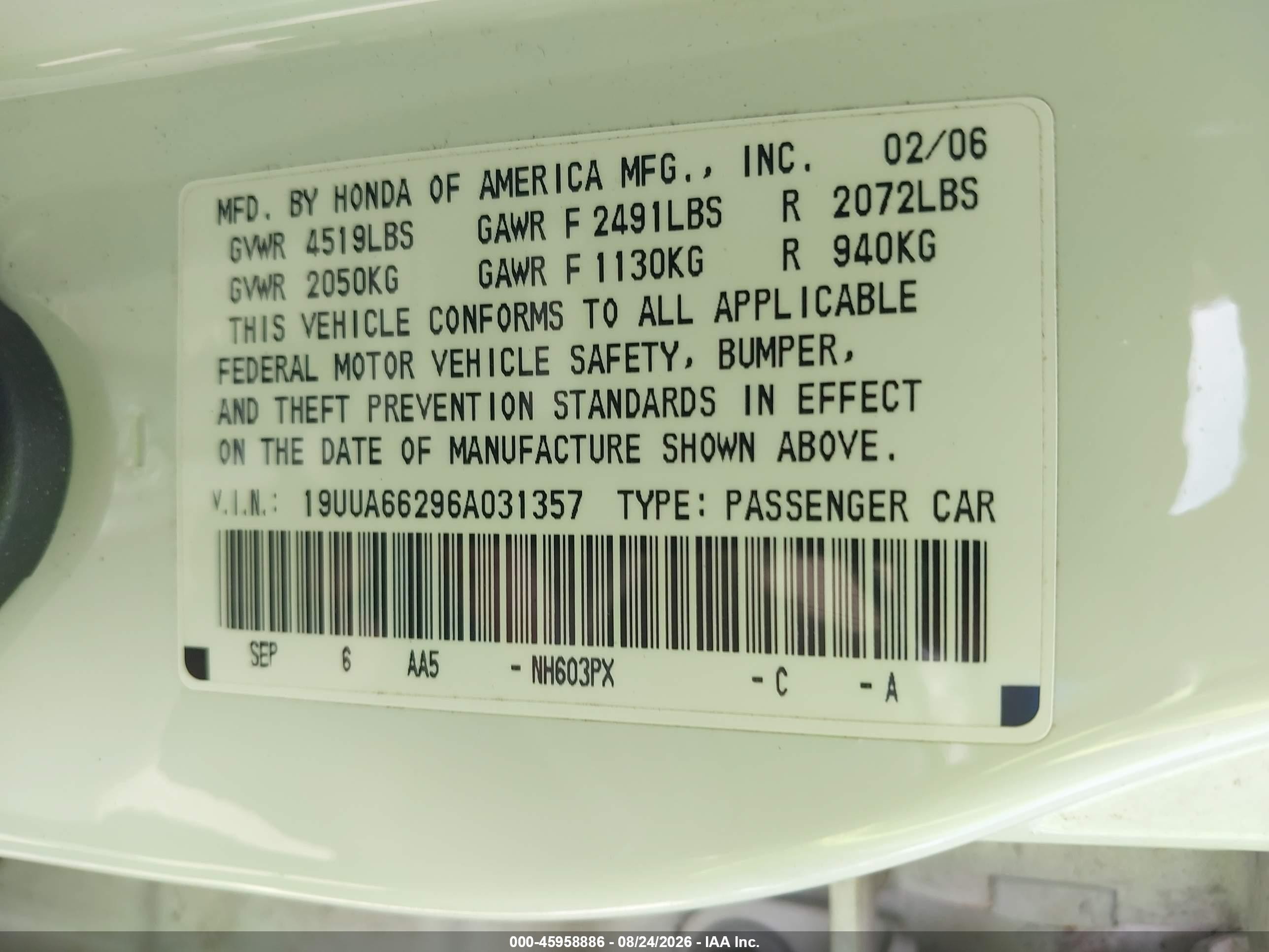 2006 Acura Tl   Белый vin: 19UUA66296A031357