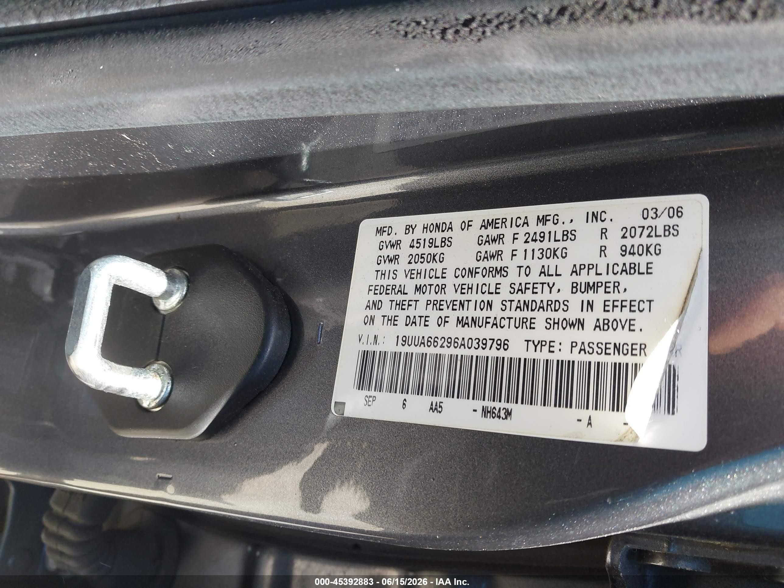 2006 Acura Tl   Gray vin: 19UUA66296A039796
