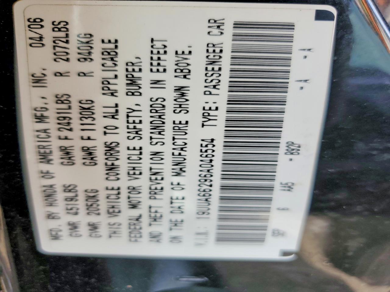 2006 Acura 3.2tl Black vin: 19UUA66296A046554