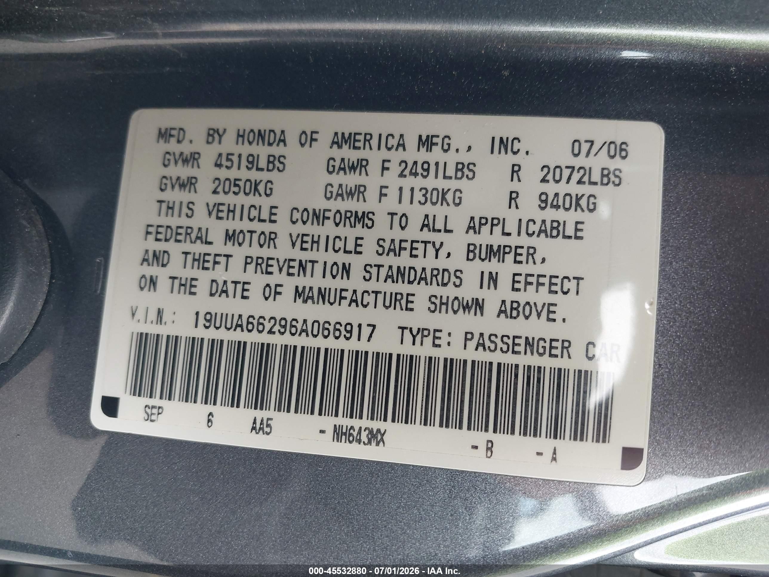 2006 Acura Tl   Gray vin: 19UUA66296A066917