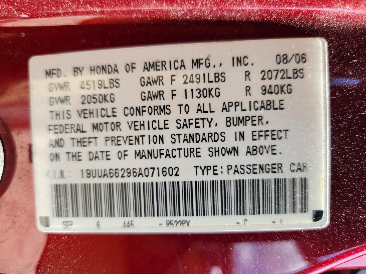 2006 Acura 3.2tl Burgundy vin: 19UUA66296A071602