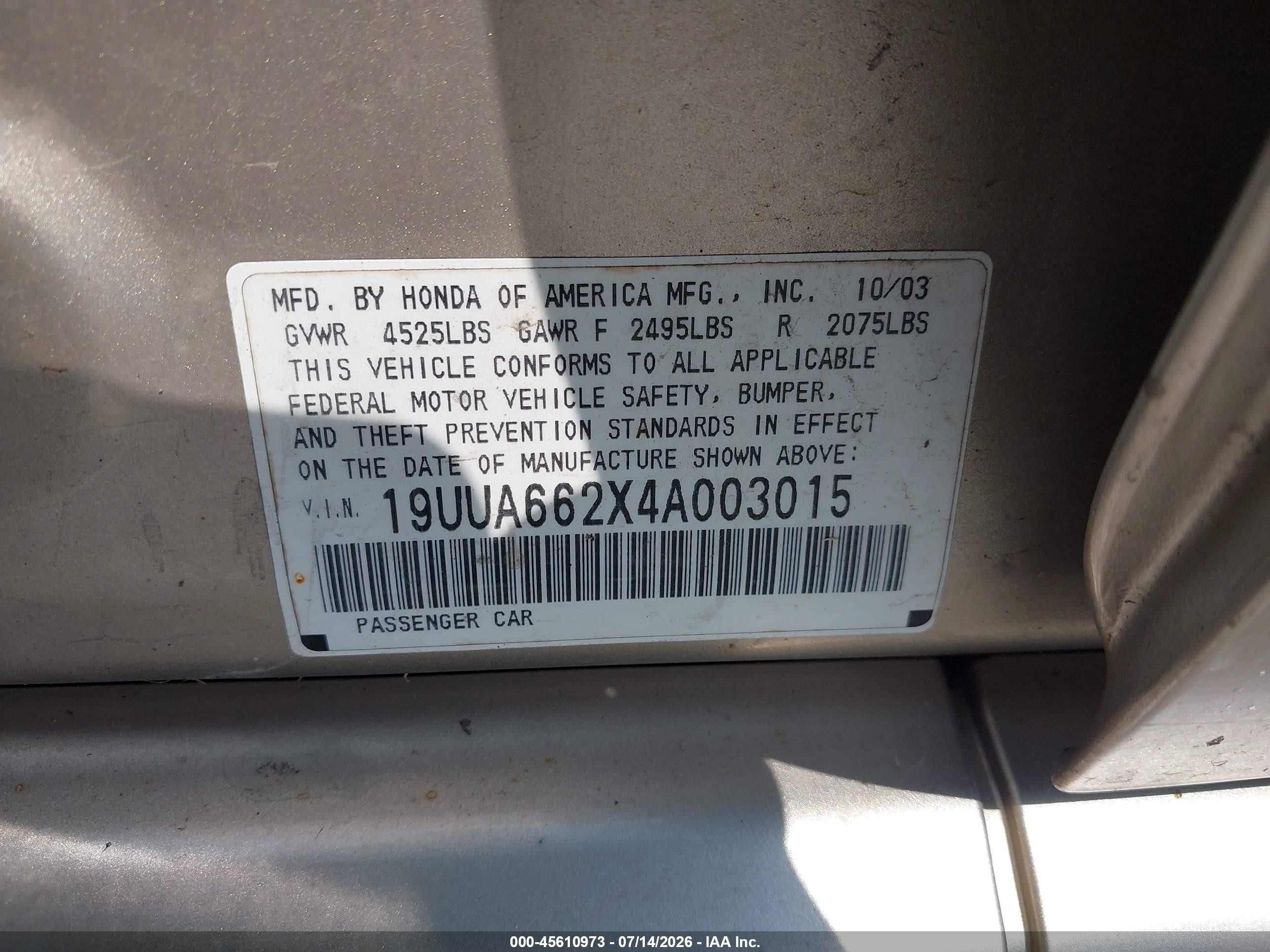 2004 Acura Tl   Tan vin: 19UUA662X4A003015