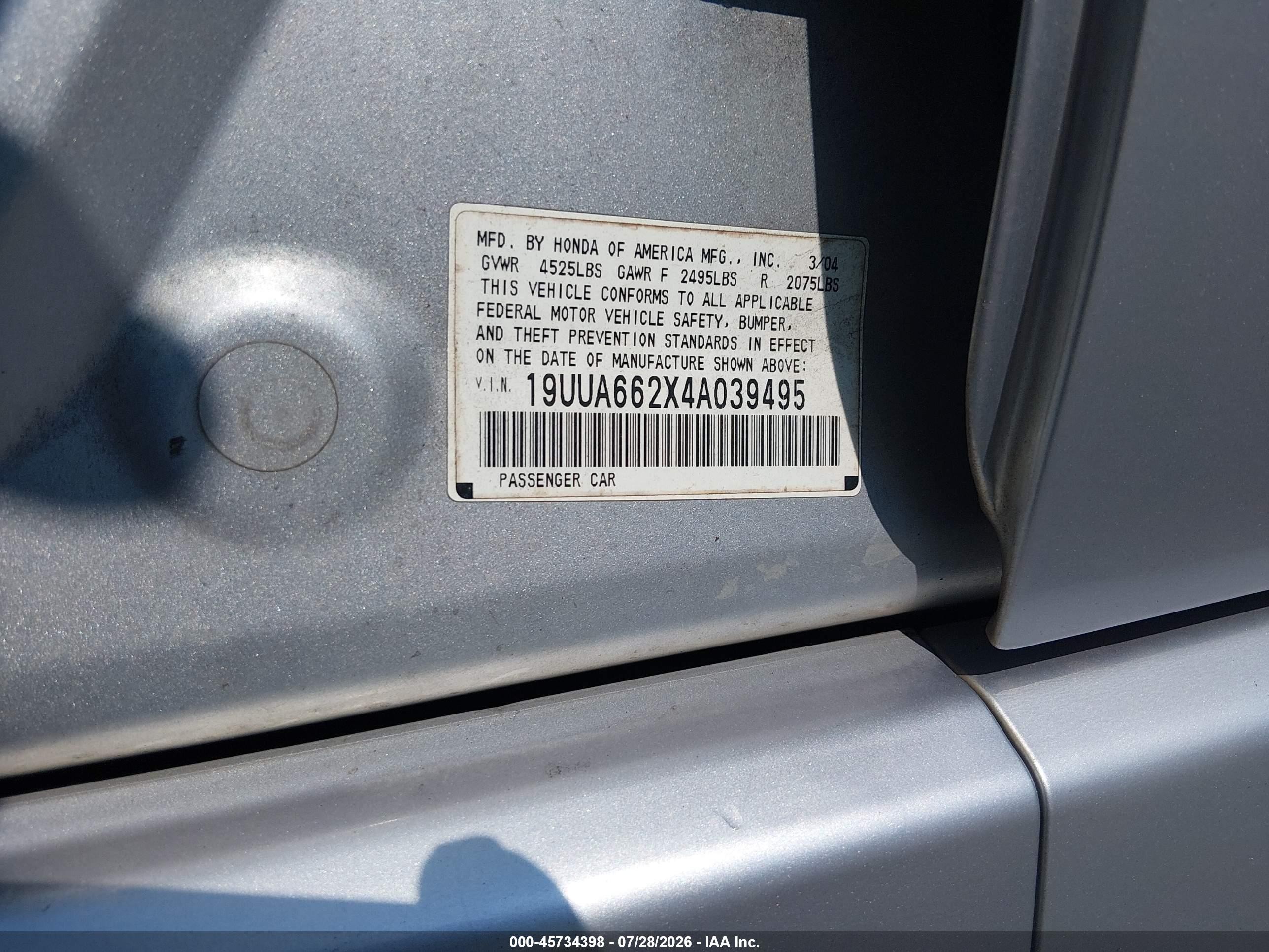 2004 Acura Tl Base W/nav System (a5) Silver vin: 19UUA662X4A039495
