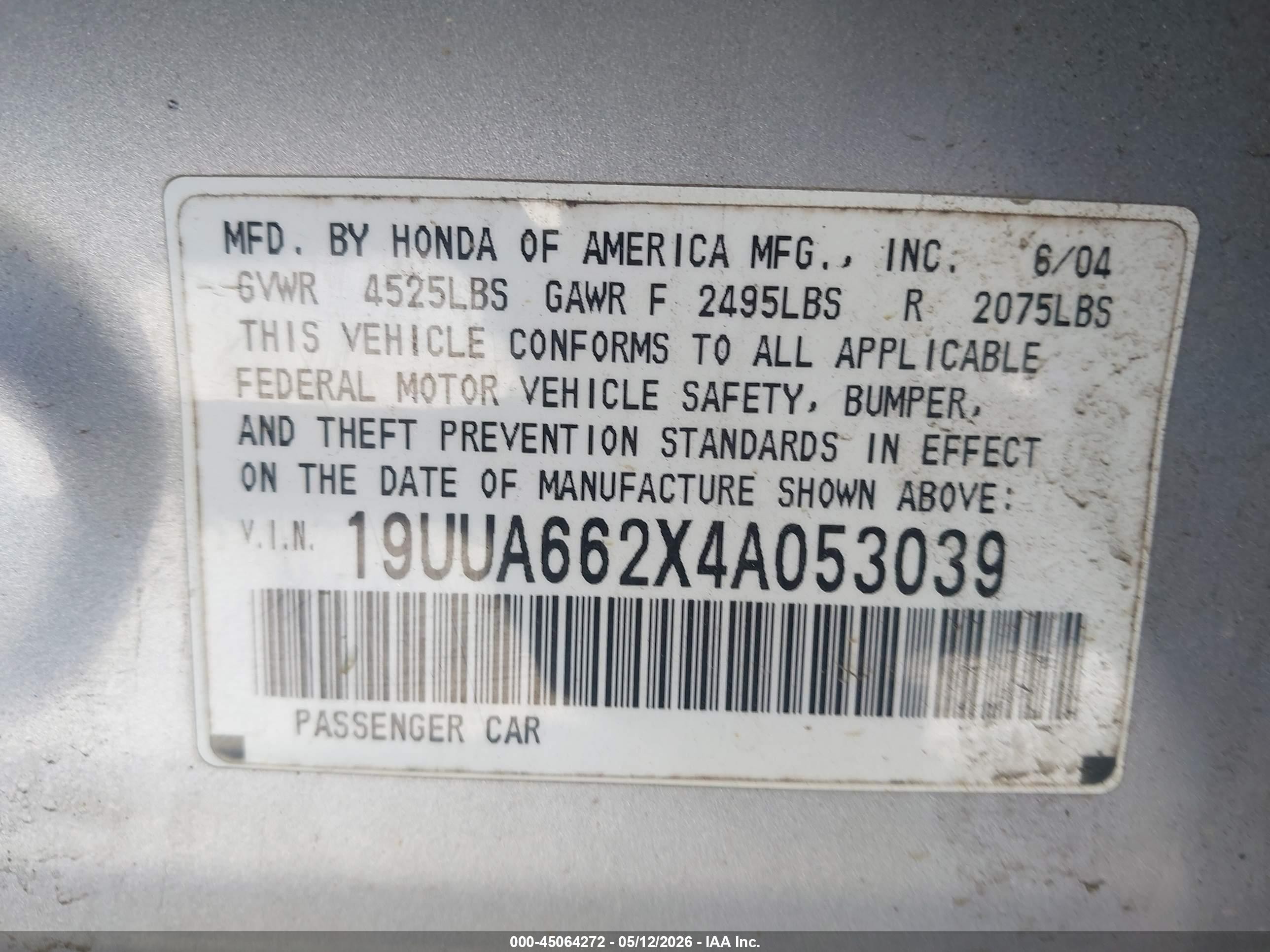 2004 Acura Tl   Silver vin: 19UUA662X4A053039
