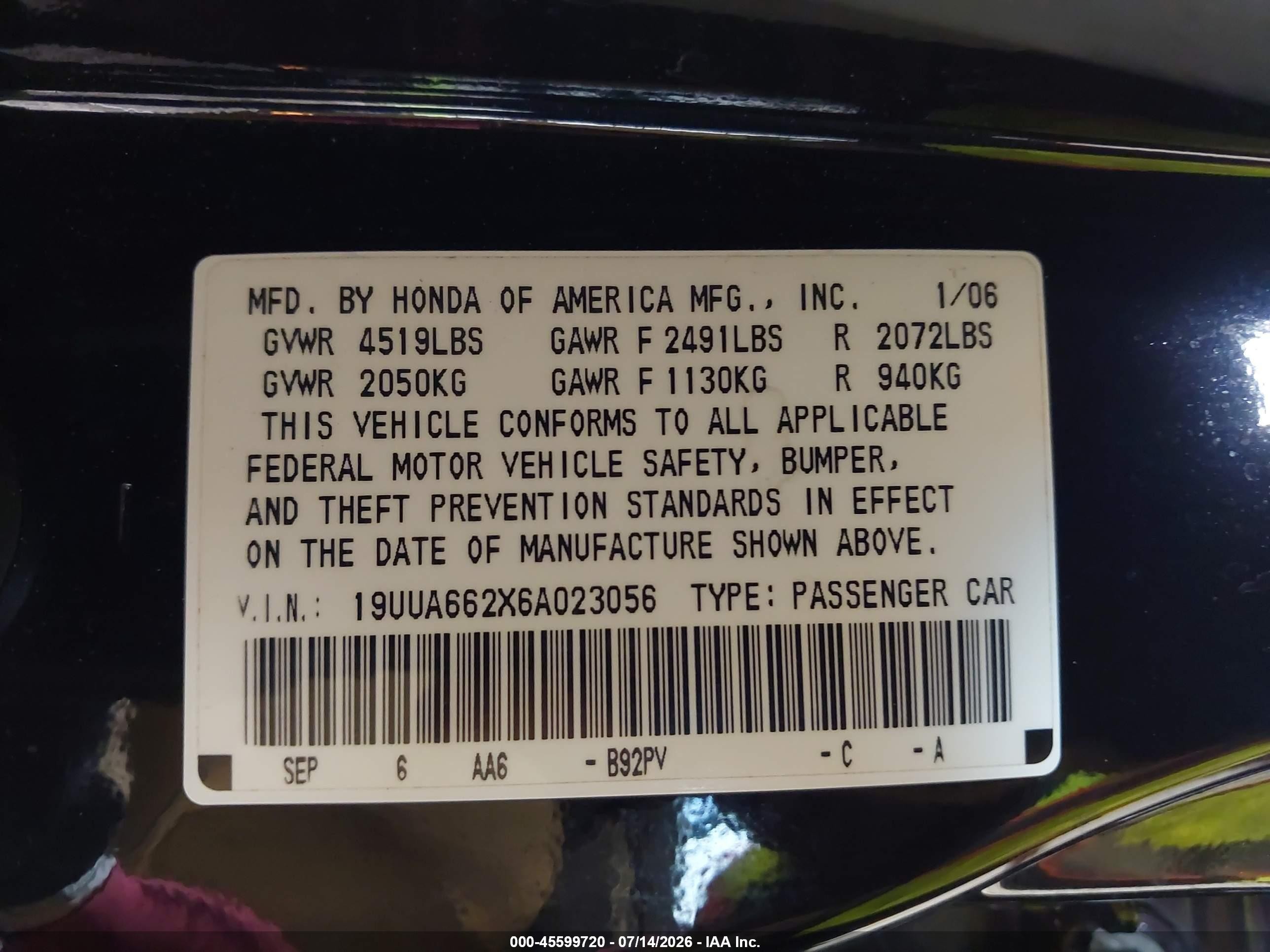 2006 Acura Tl   Черный vin: 19UUA662X6A023056