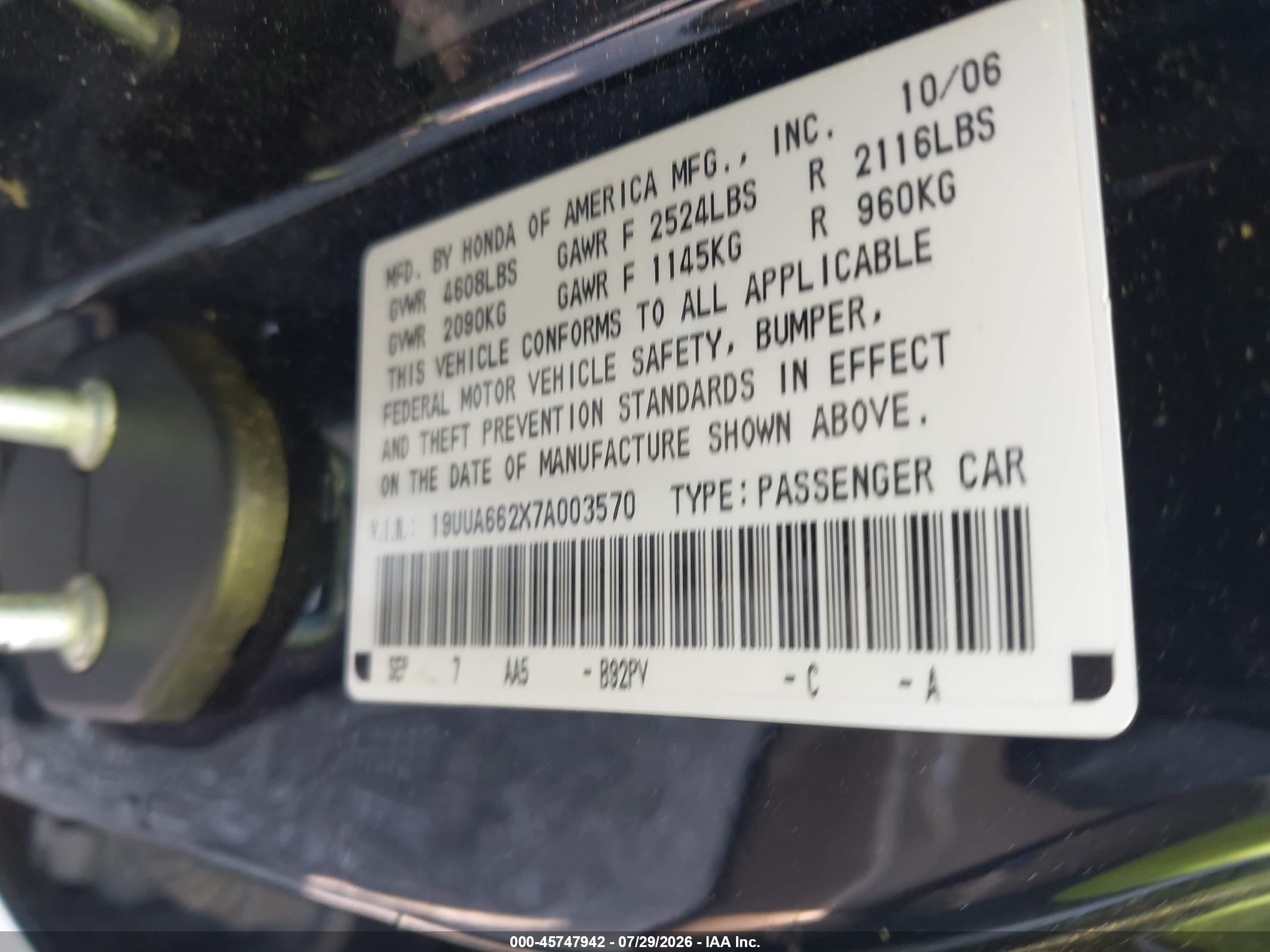 2007 Acura Tl 3.2 Black vin: 19UUA662X7A003570