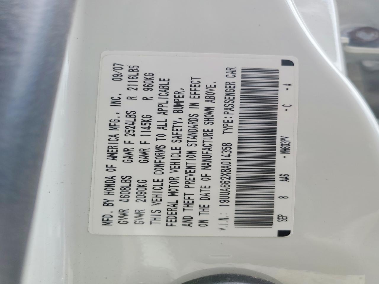 2008 Acura Tl White vin: 19UUA662X8A014358