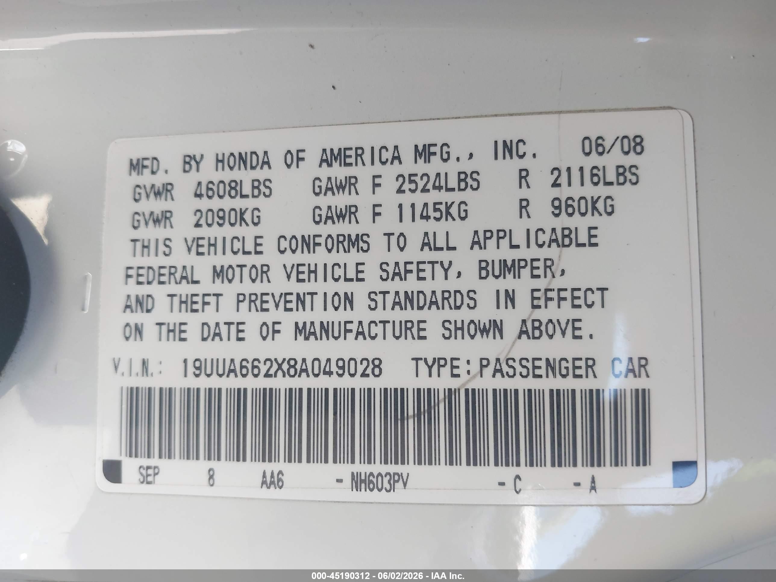 2008 Acura Tl 3.2 White vin: 19UUA662X8A049028