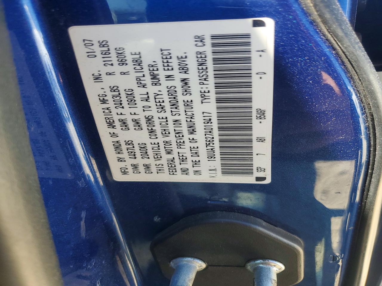 2007 Acura Tl Type S Blue vin: 19UUA75627A019417