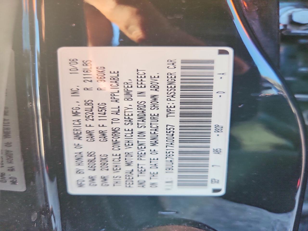 2007 Acura Tl Type S Черный vin: 19UUA76517A004557