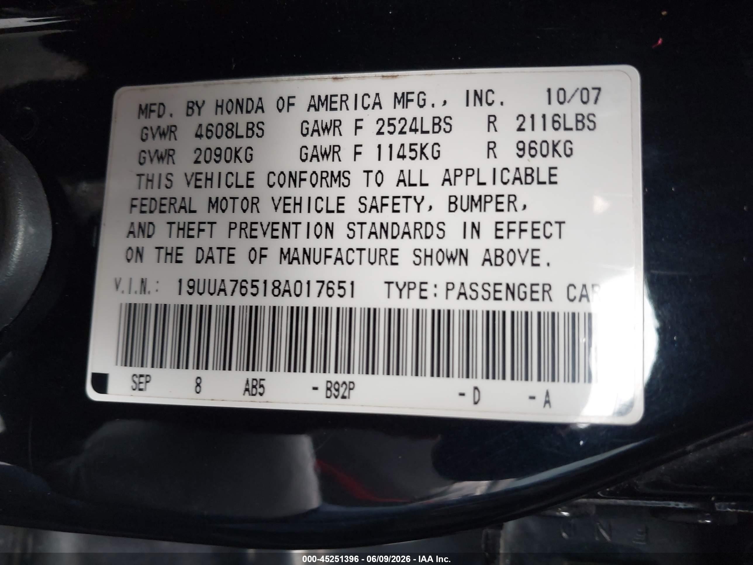 2008 Acura Tl Type S Black vin: 19UUA76518A017651