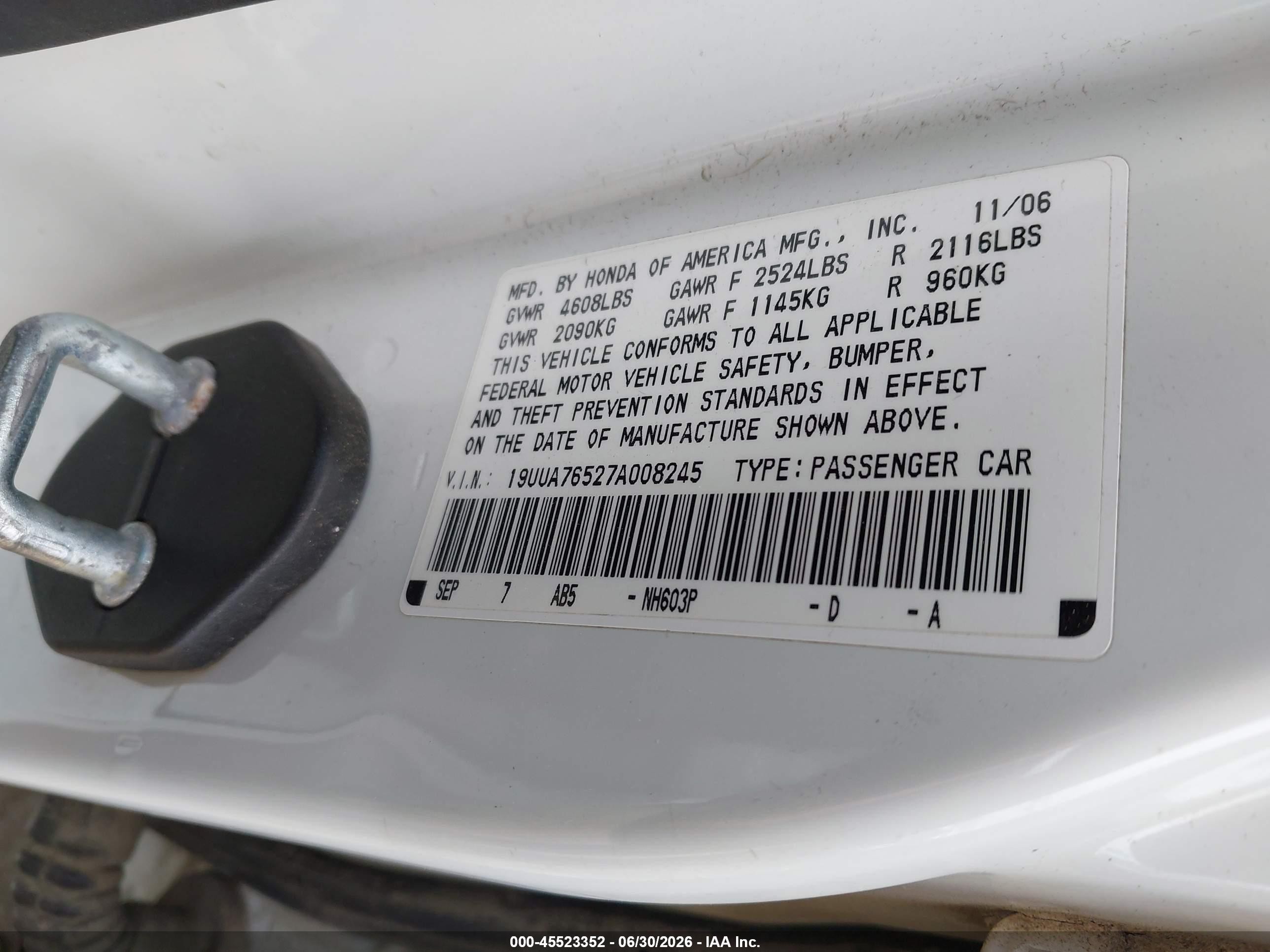 2007 Acura Tl Type S White vin: 19UUA76527A008245