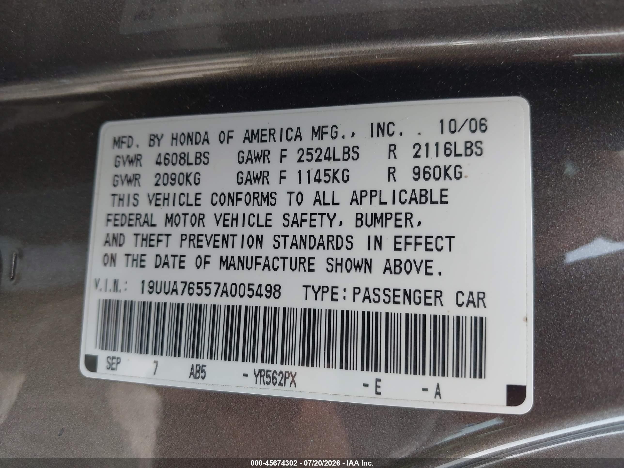 2007 Acura Tl Type S Beige vin: 19UUA76557A005498