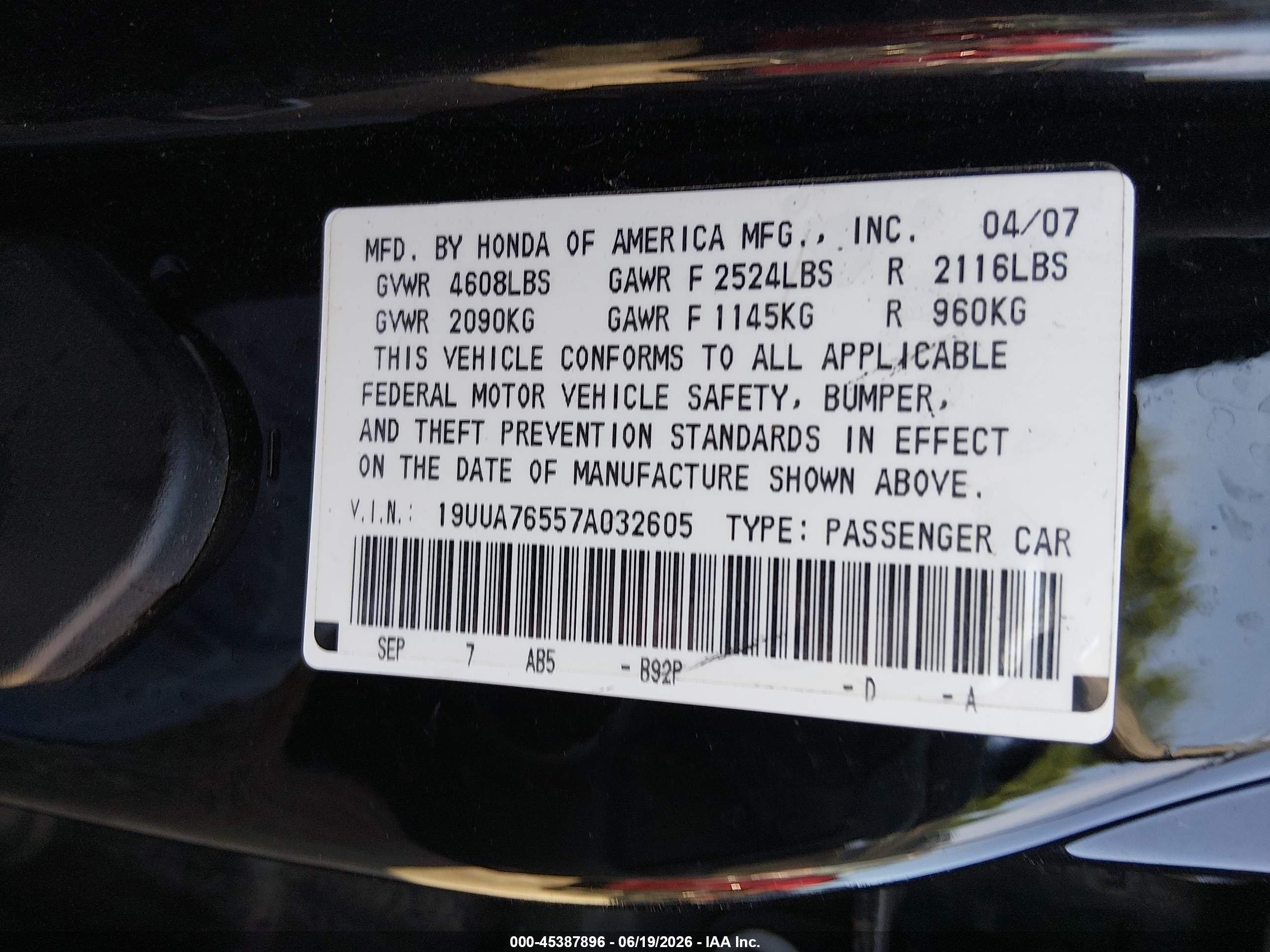 2007 Acura Tl Type S Black vin: 19UUA76557A032605