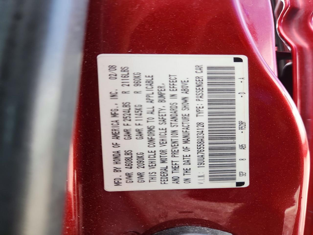 2008 Acura Tl Type S Red vin: 19UUA76558A034128