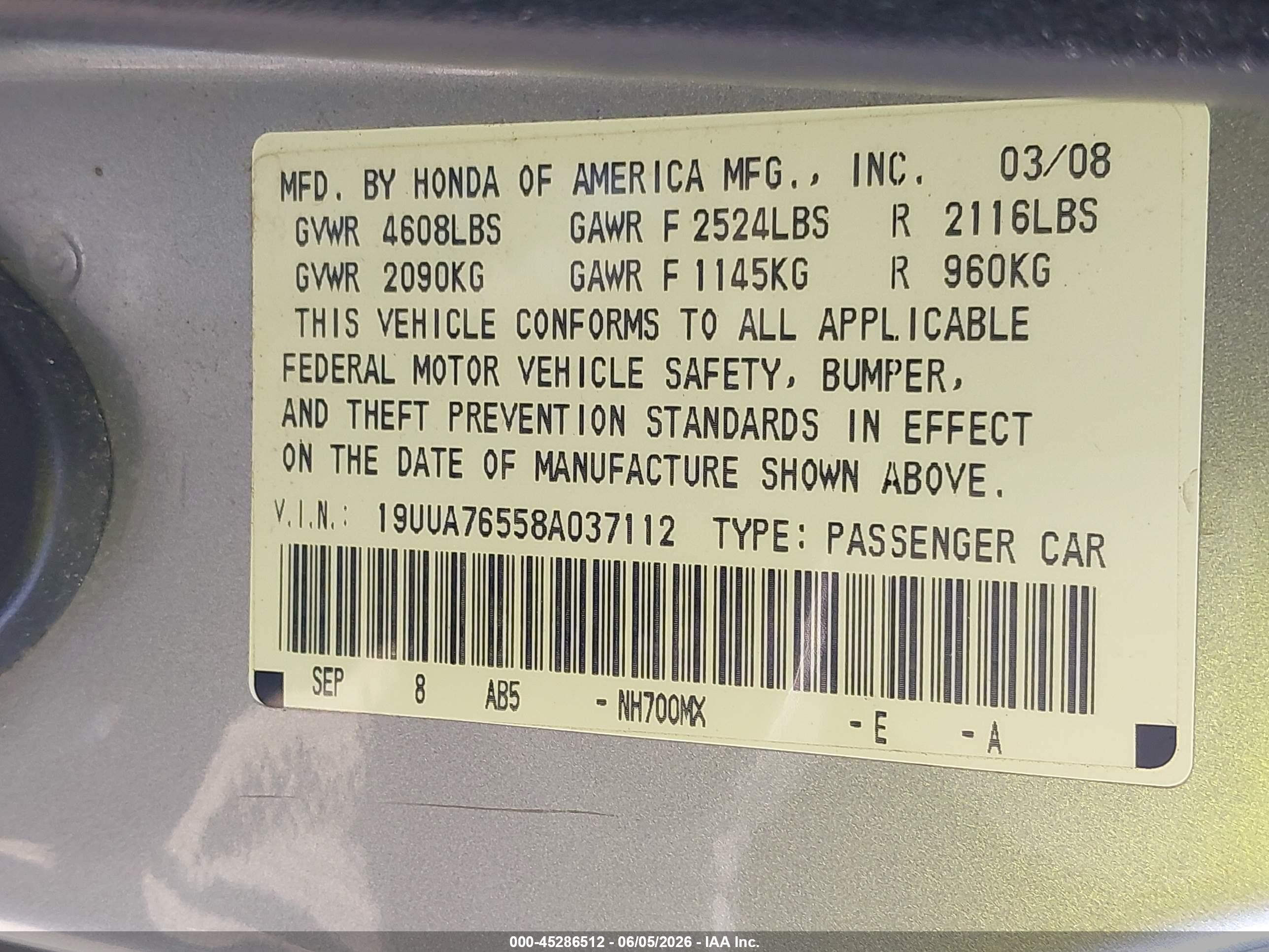 2008 Acura Tl Type S Silver vin: 19UUA76558A037112