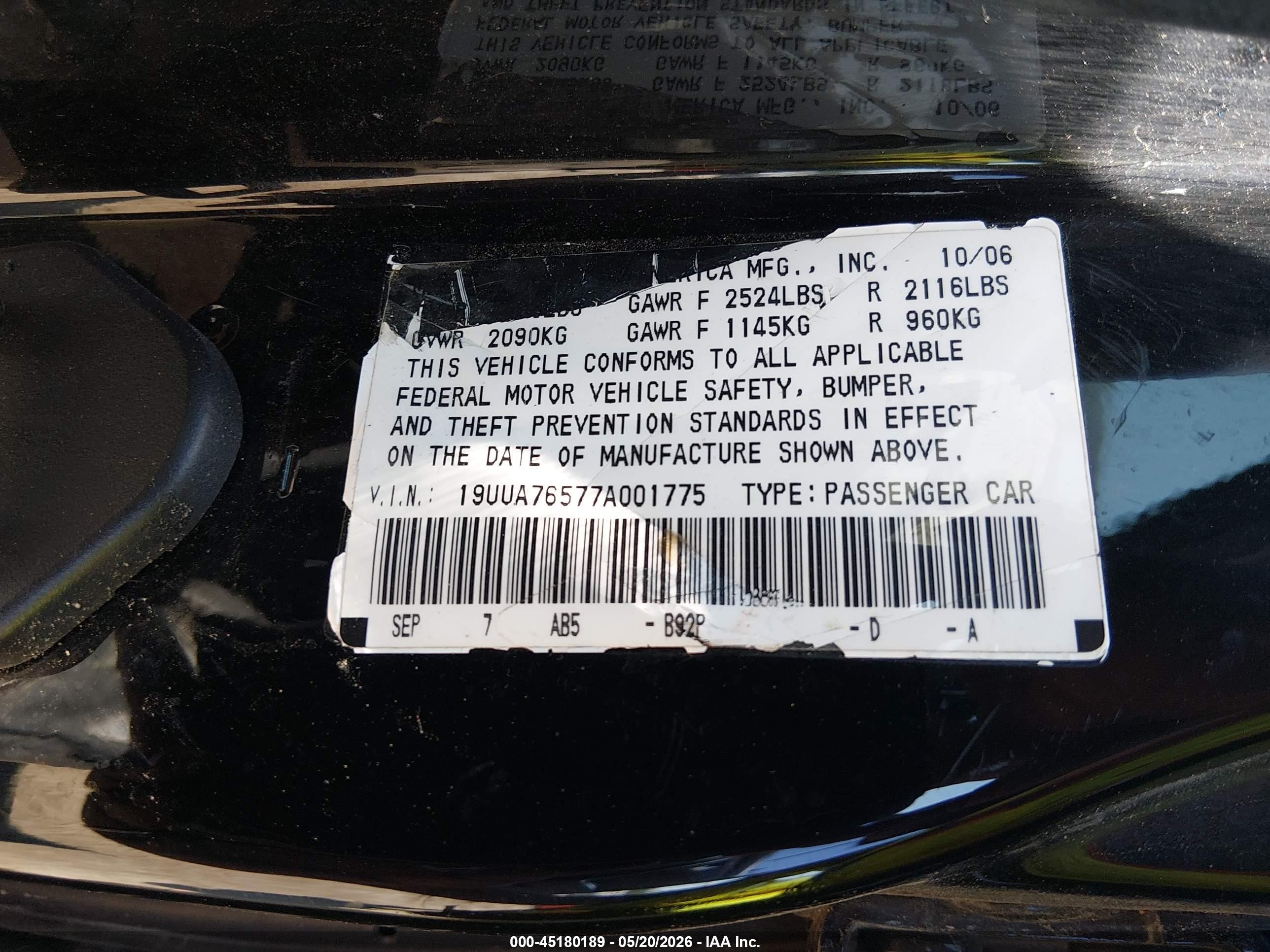 2007 Acura Tl Type S Black vin: 19UUA76577A001775