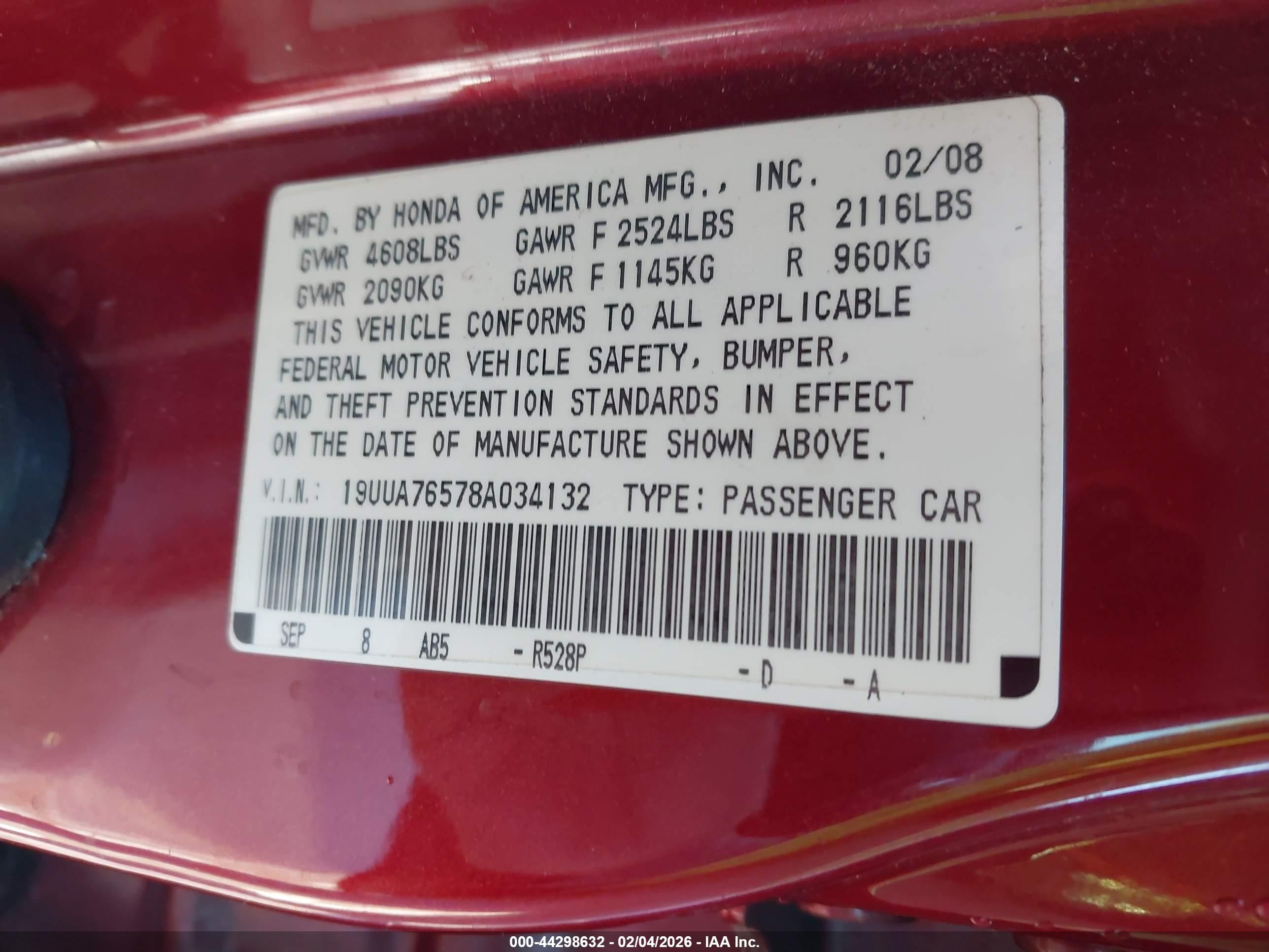 2008 Acura Tl Type S Red vin: 19UUA76578A034132