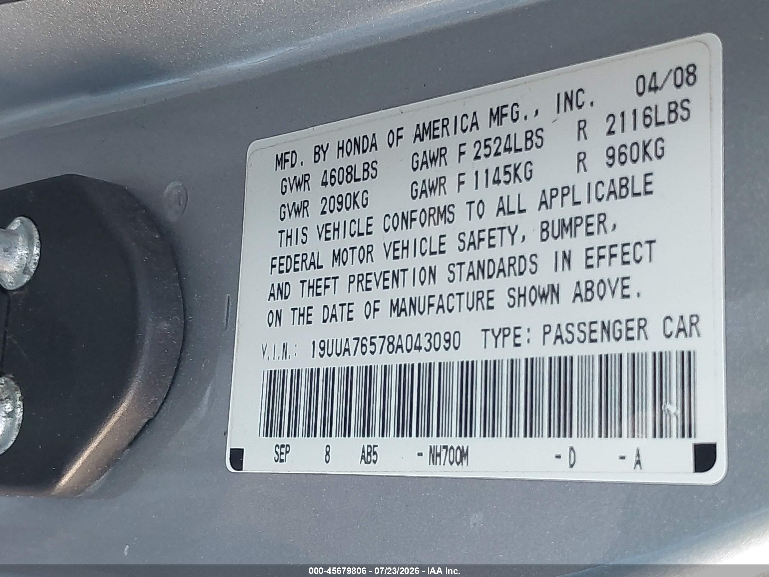 2008 Acura Tl Type S Silver vin: 19UUA76578A043090