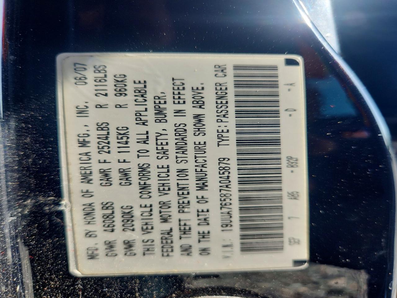 2007 Acura Tl Black vin: 19UUA76587A045879