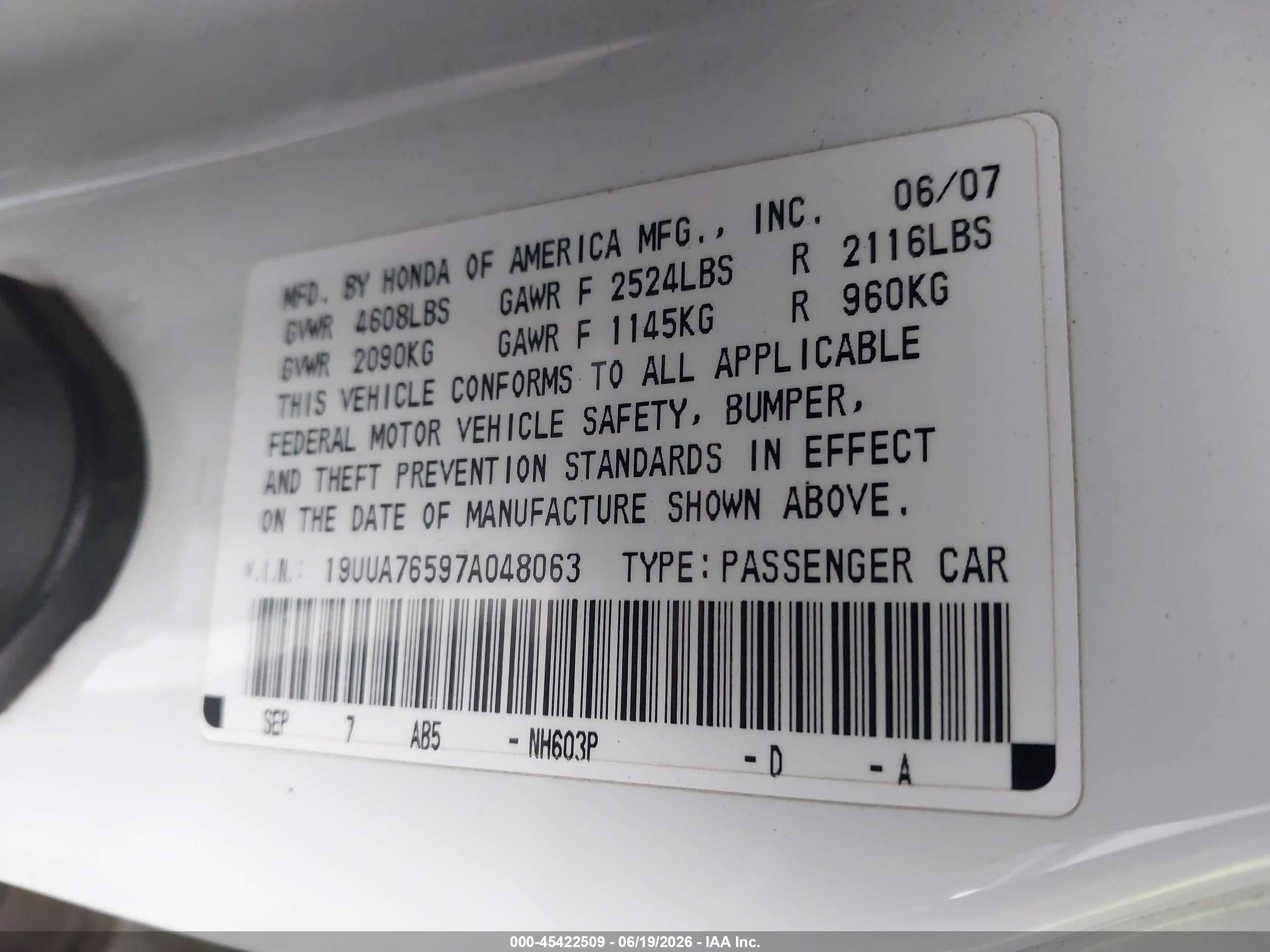 2007 Acura Tl Type S White vin: 19UUA76597A048063