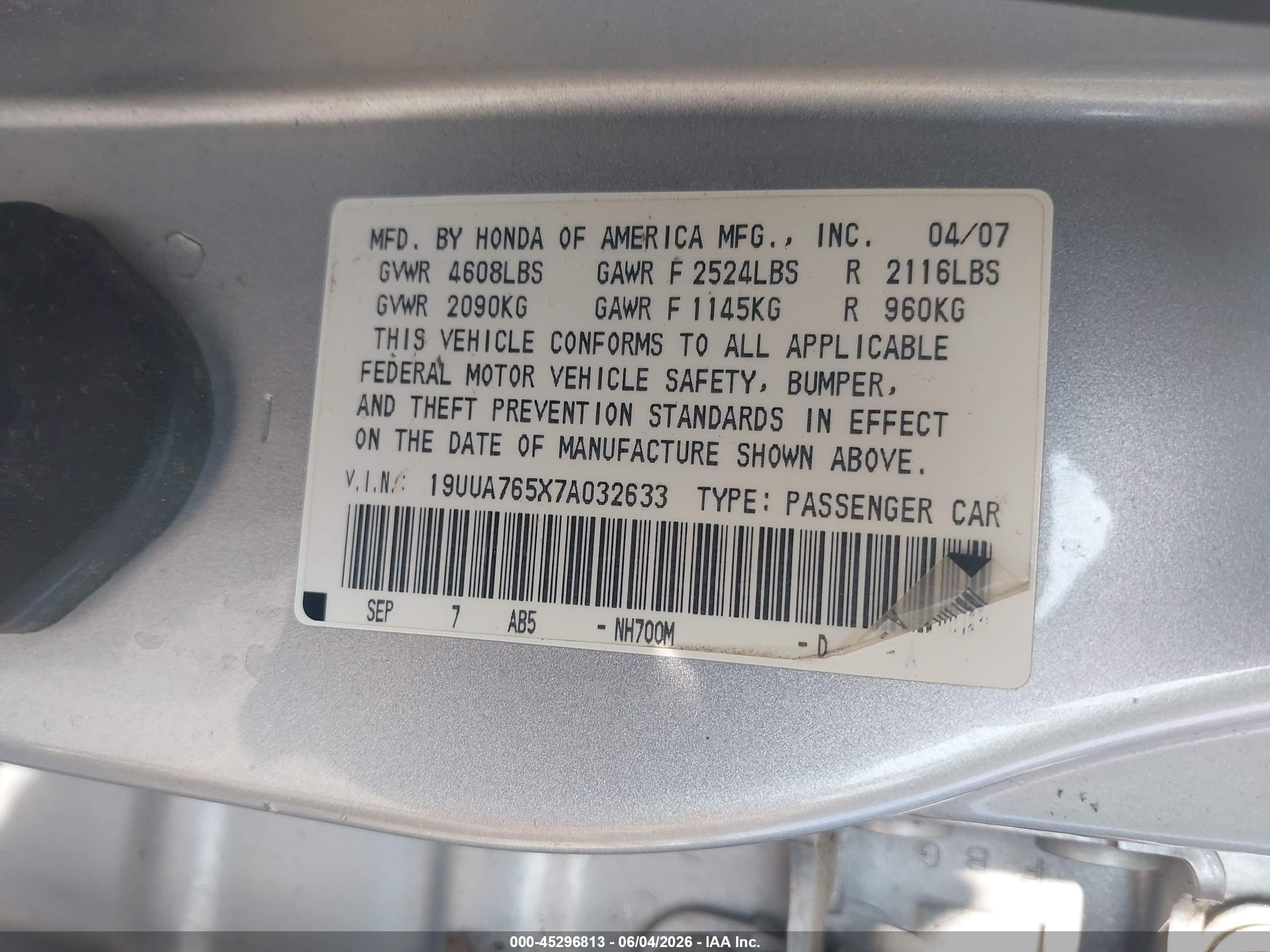 2007 Acura Tl Type S Silver vin: 19UUA765X7A032633