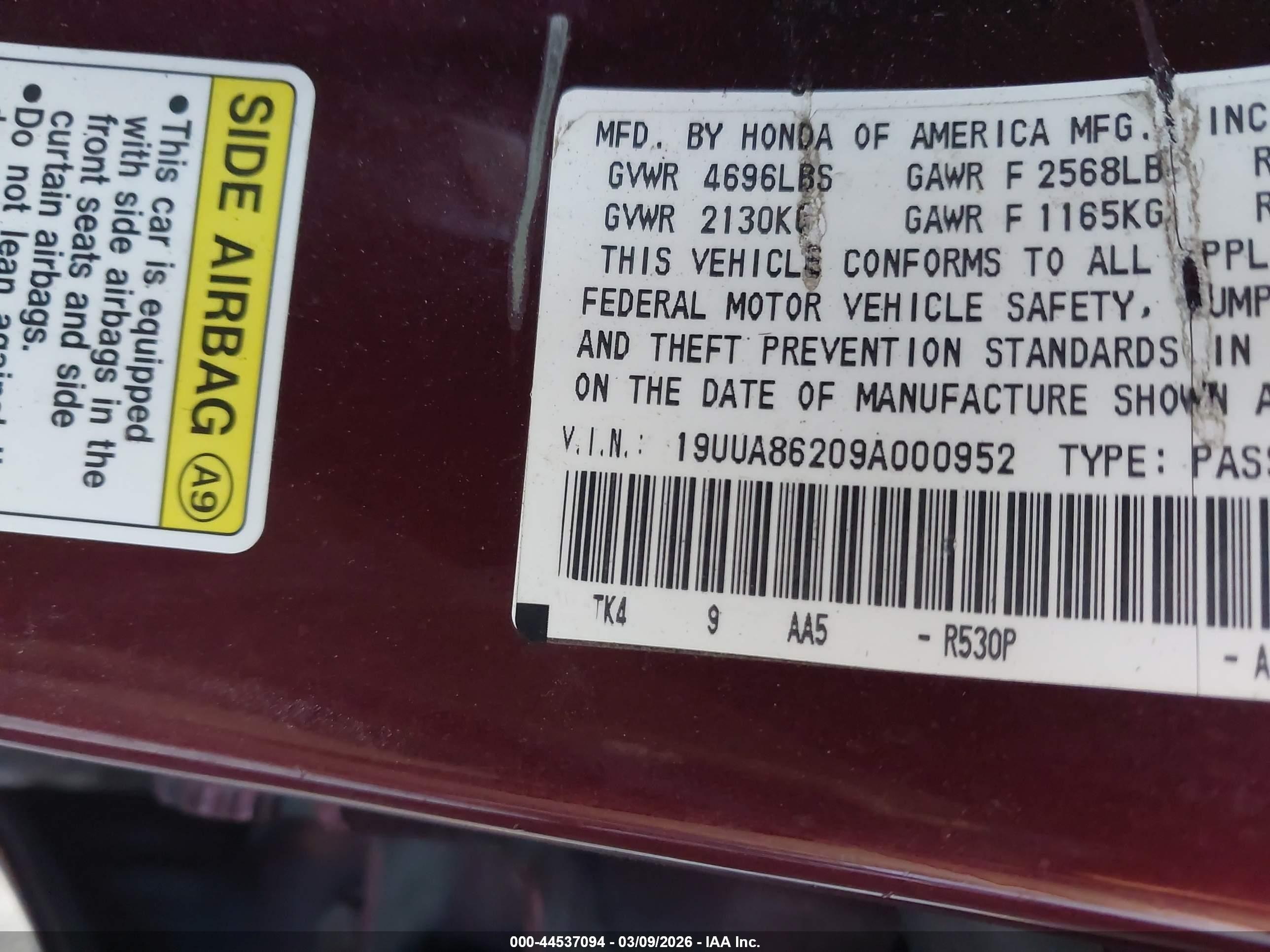 2009 Acura Tl 3.5 Burgundy vin: 19UUA86209A000952