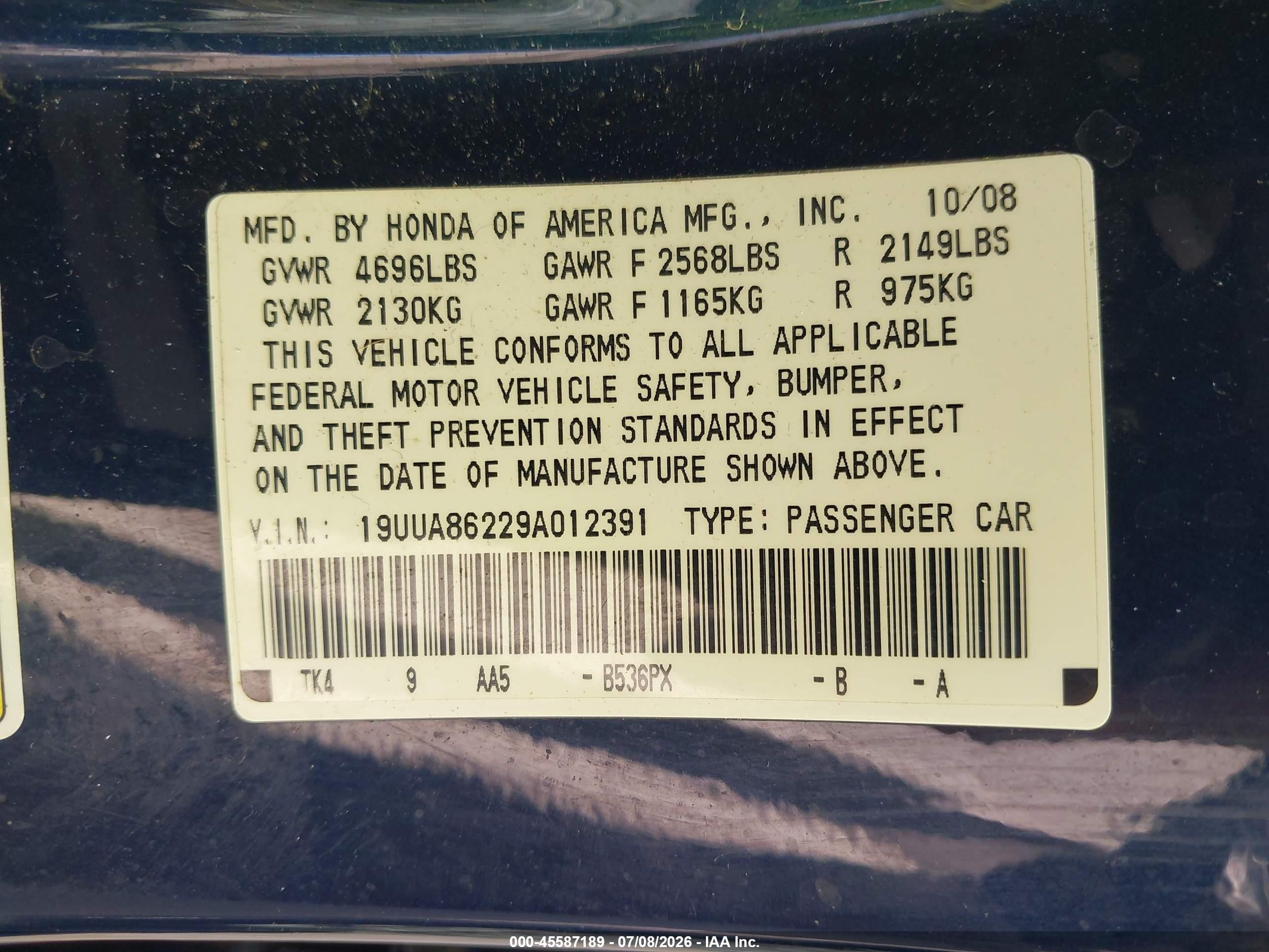 2009 Acura Tl 3.5 Dark Blue vin: 19UUA86229A012391