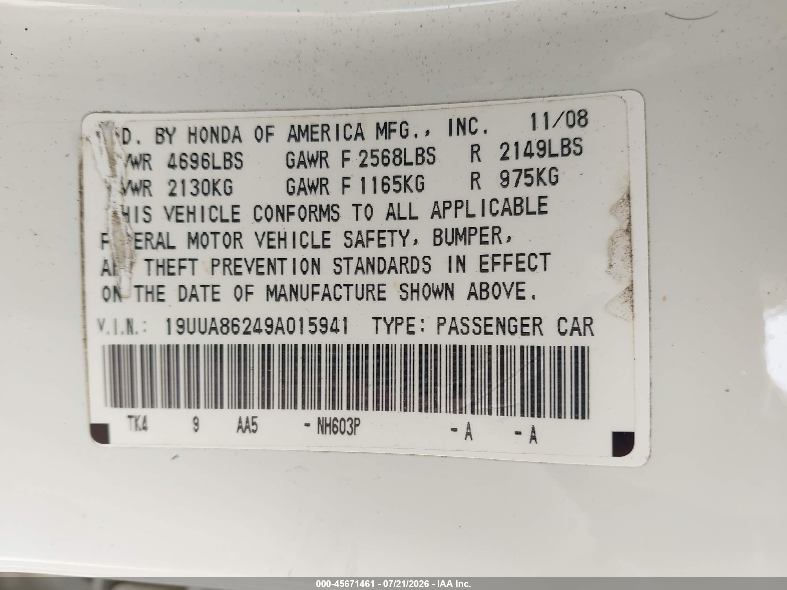 2009 Acura Tl 3.5 White vin: 19UUA86249A015941