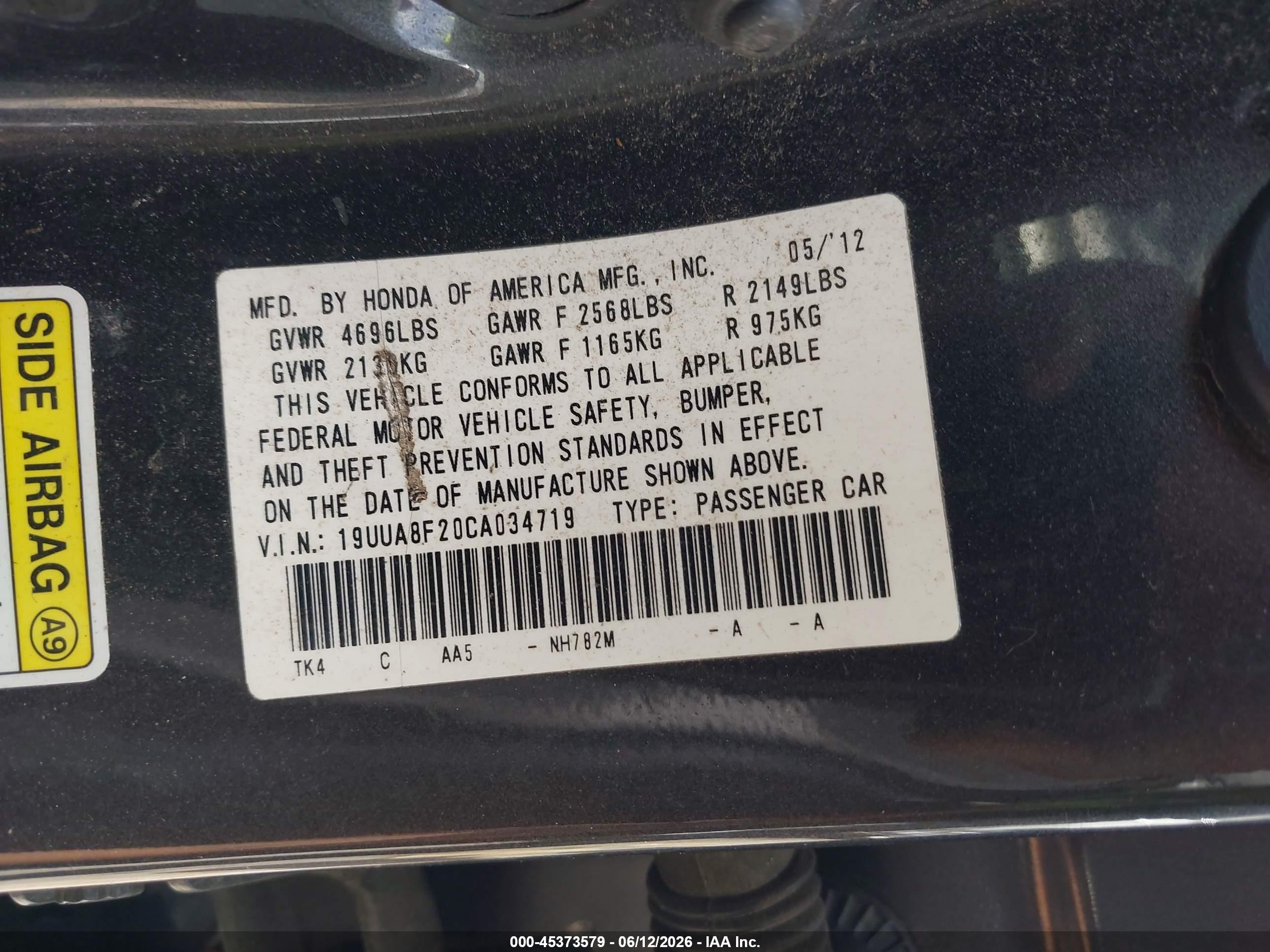 2012 Acura Tl 3.5 Gray vin: 19UUA8F20CA034719