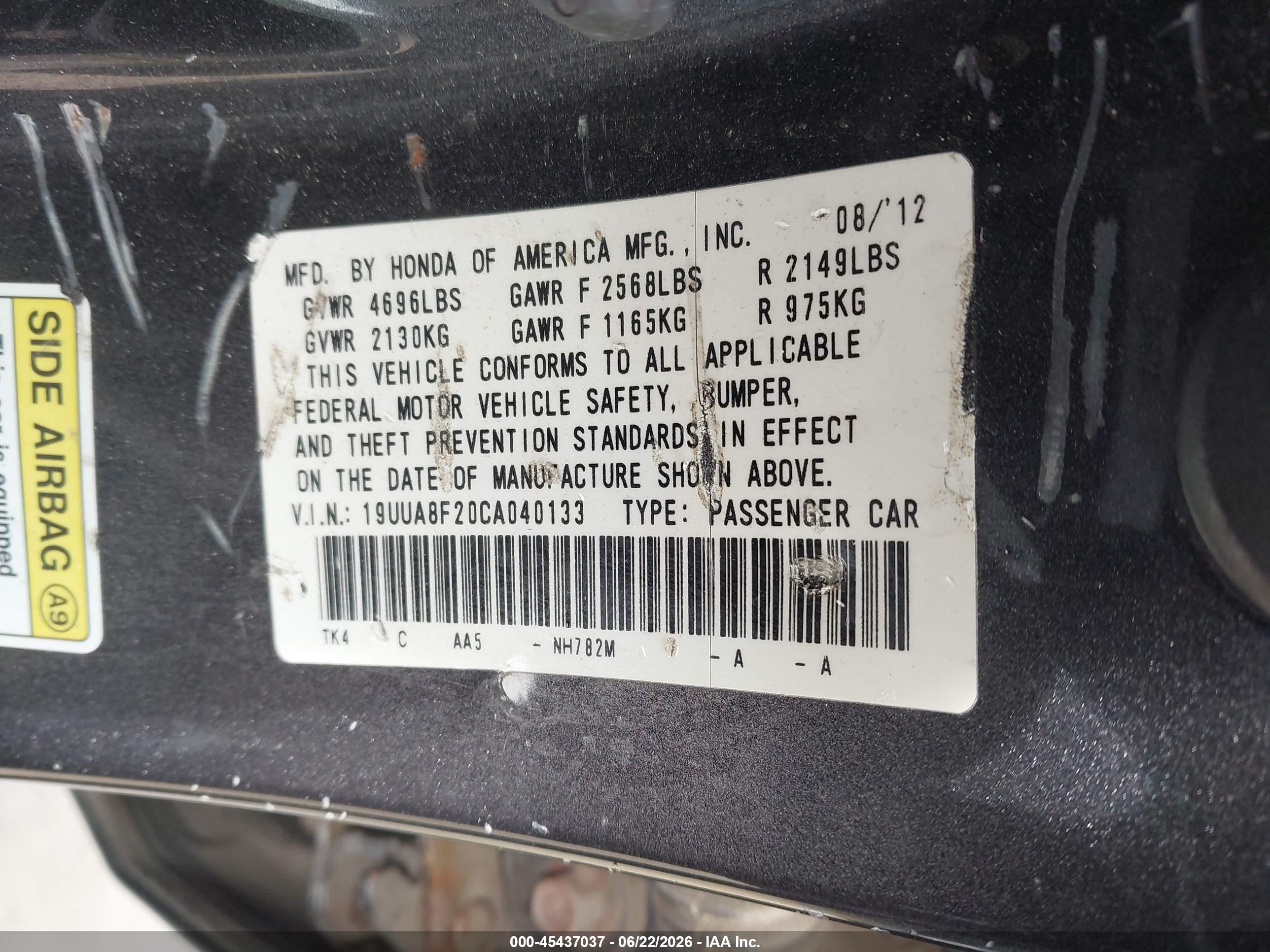 2012 Acura Tl 3.5 Black vin: 19UUA8F20CA040133