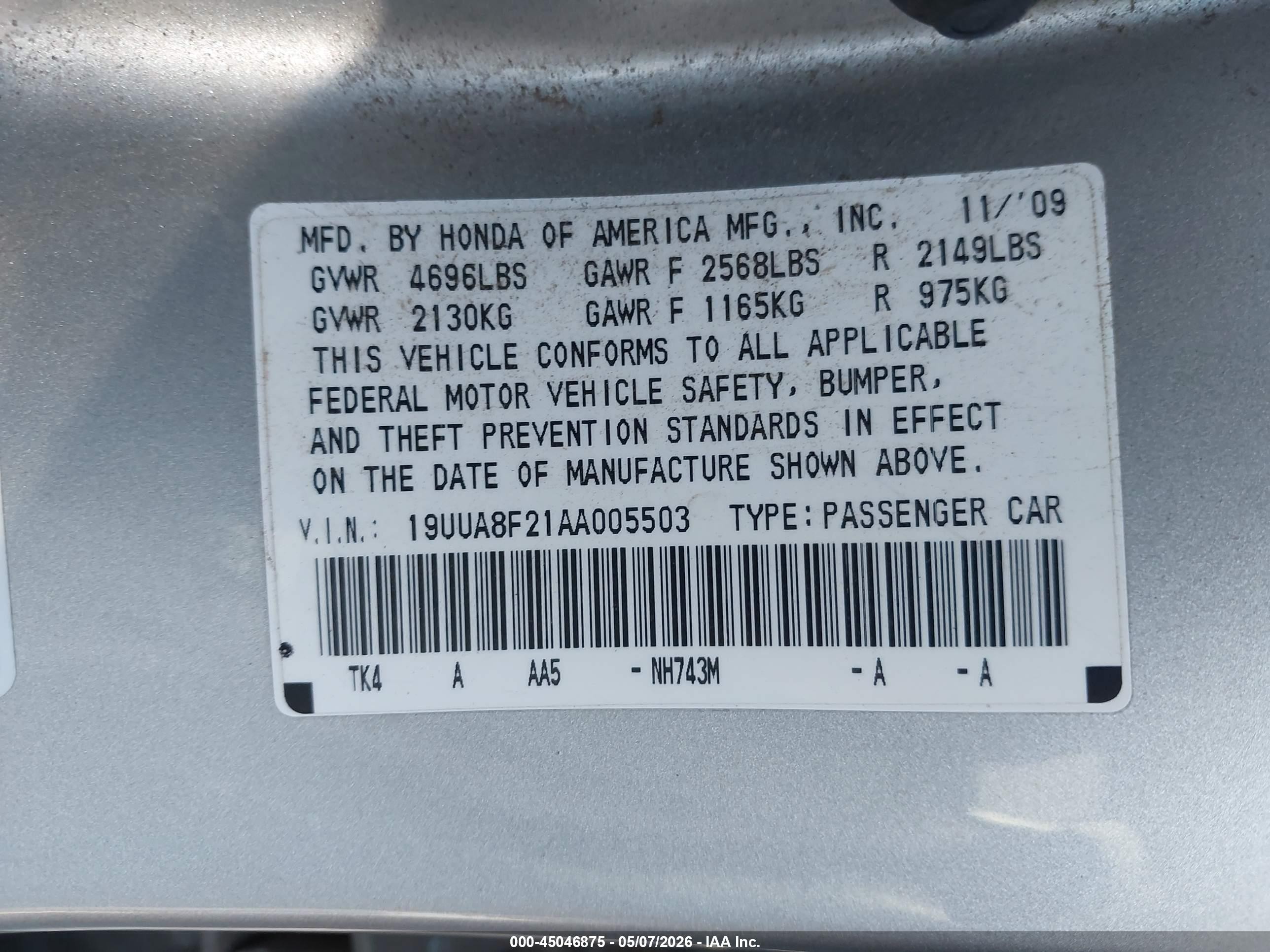 2010 Acura Tl 3.5 Silver vin: 19UUA8F21AA005503