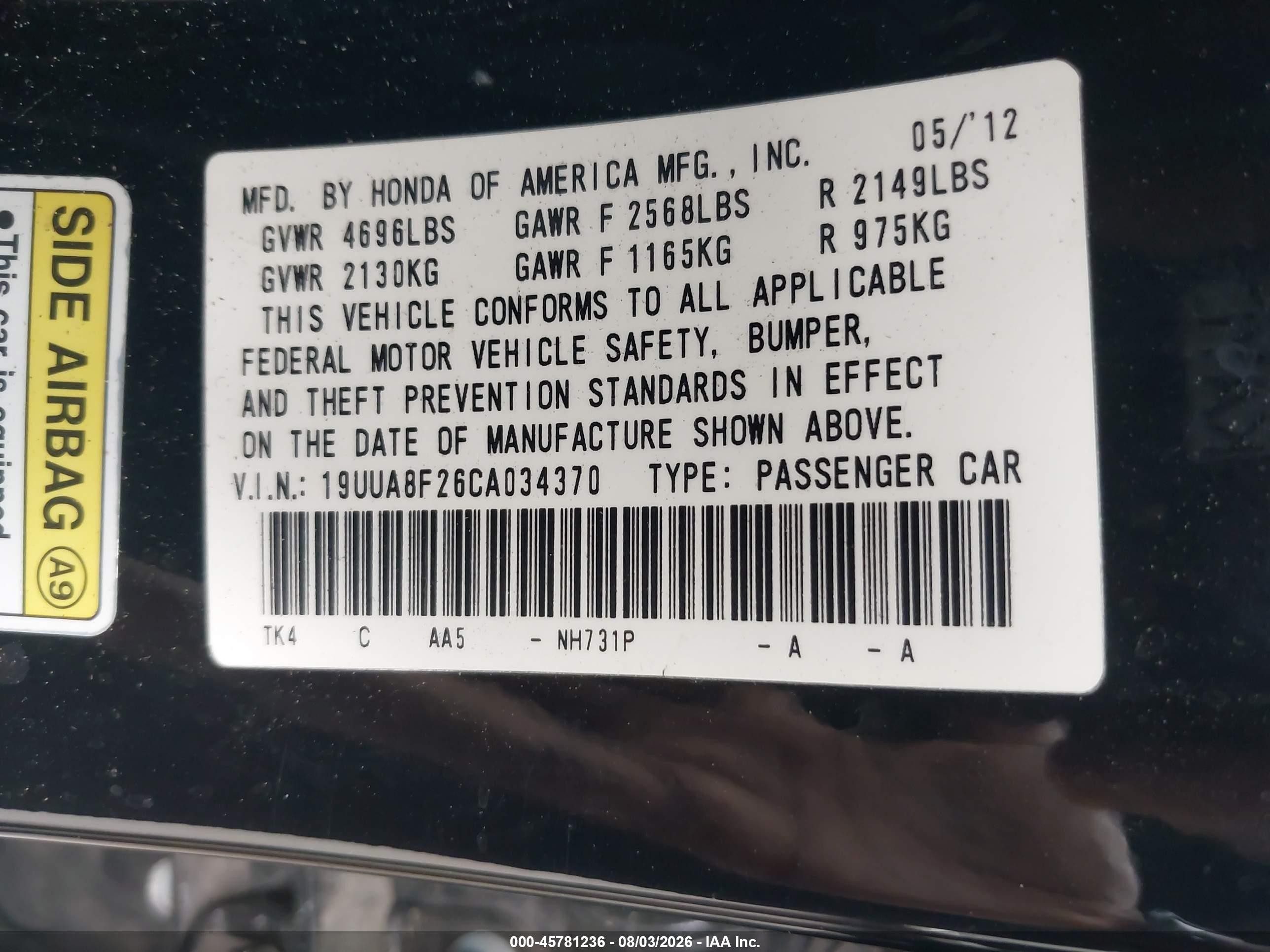 2012 Acura Tl 3.5 Black vin: 19UUA8F26CA034370