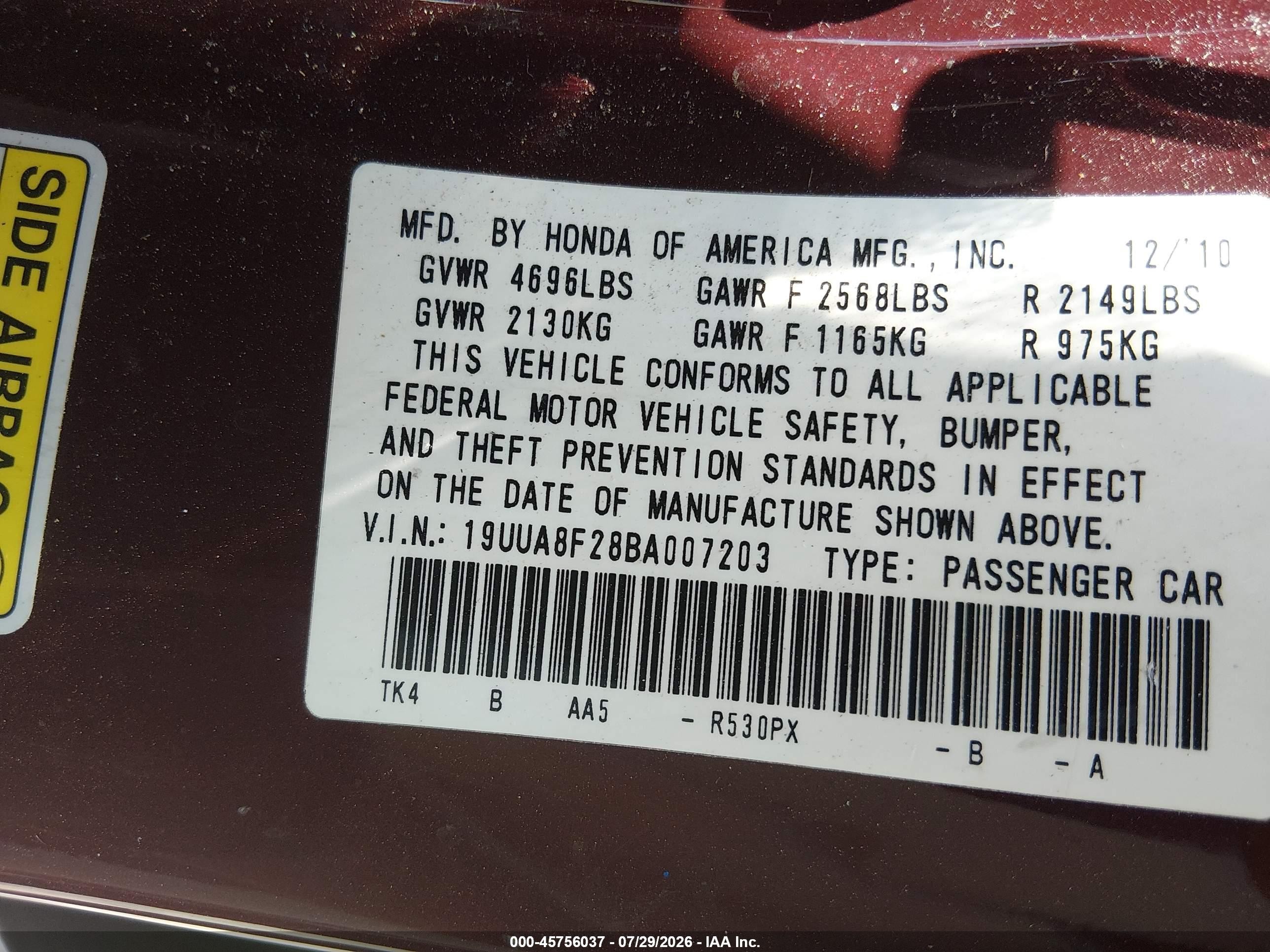 2011 Acura Tl 3.5 Red vin: 19UUA8F28BA007203