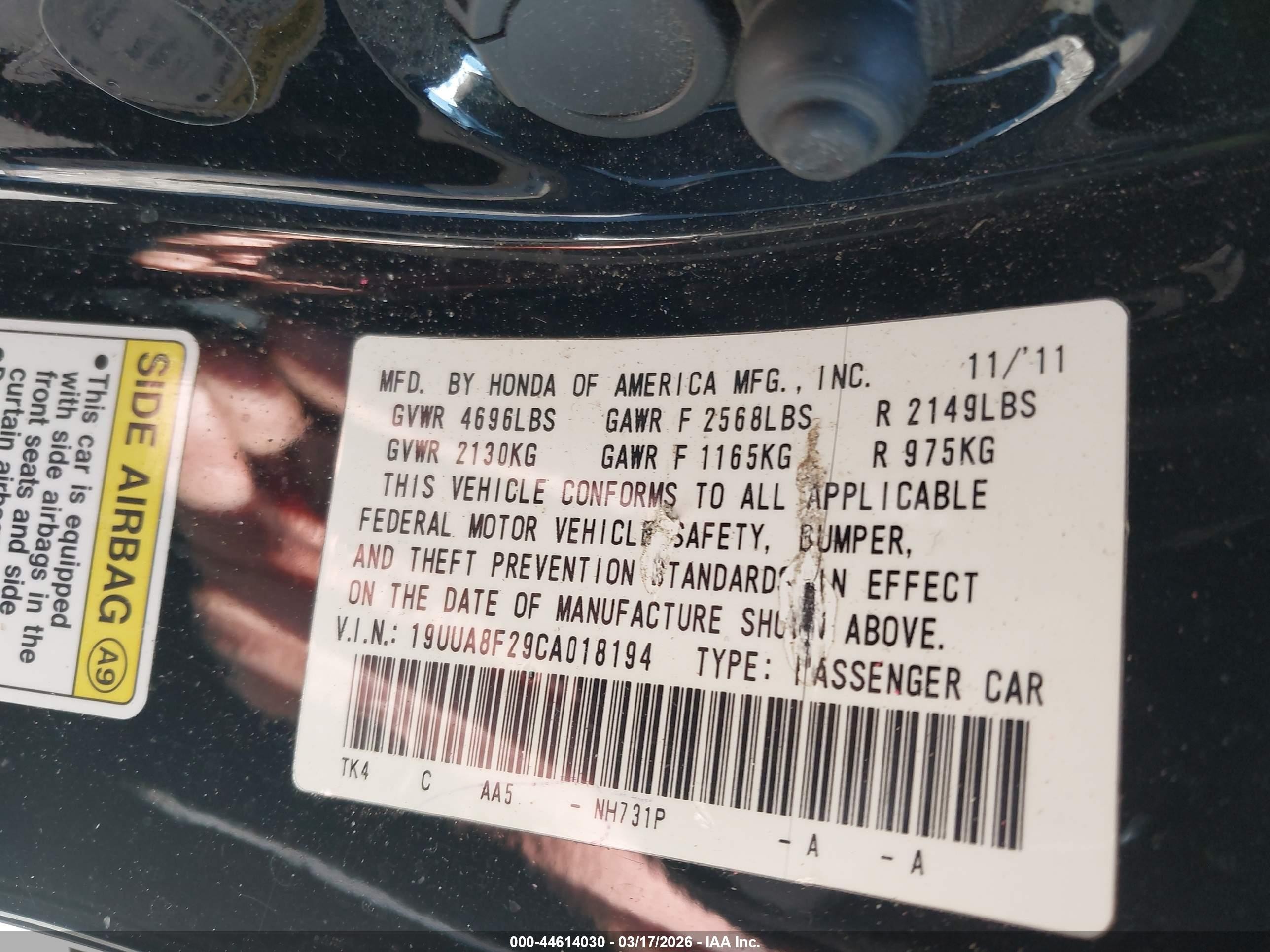 2012 Acura Tl 3.5 Черный vin: 19UUA8F29CA018194