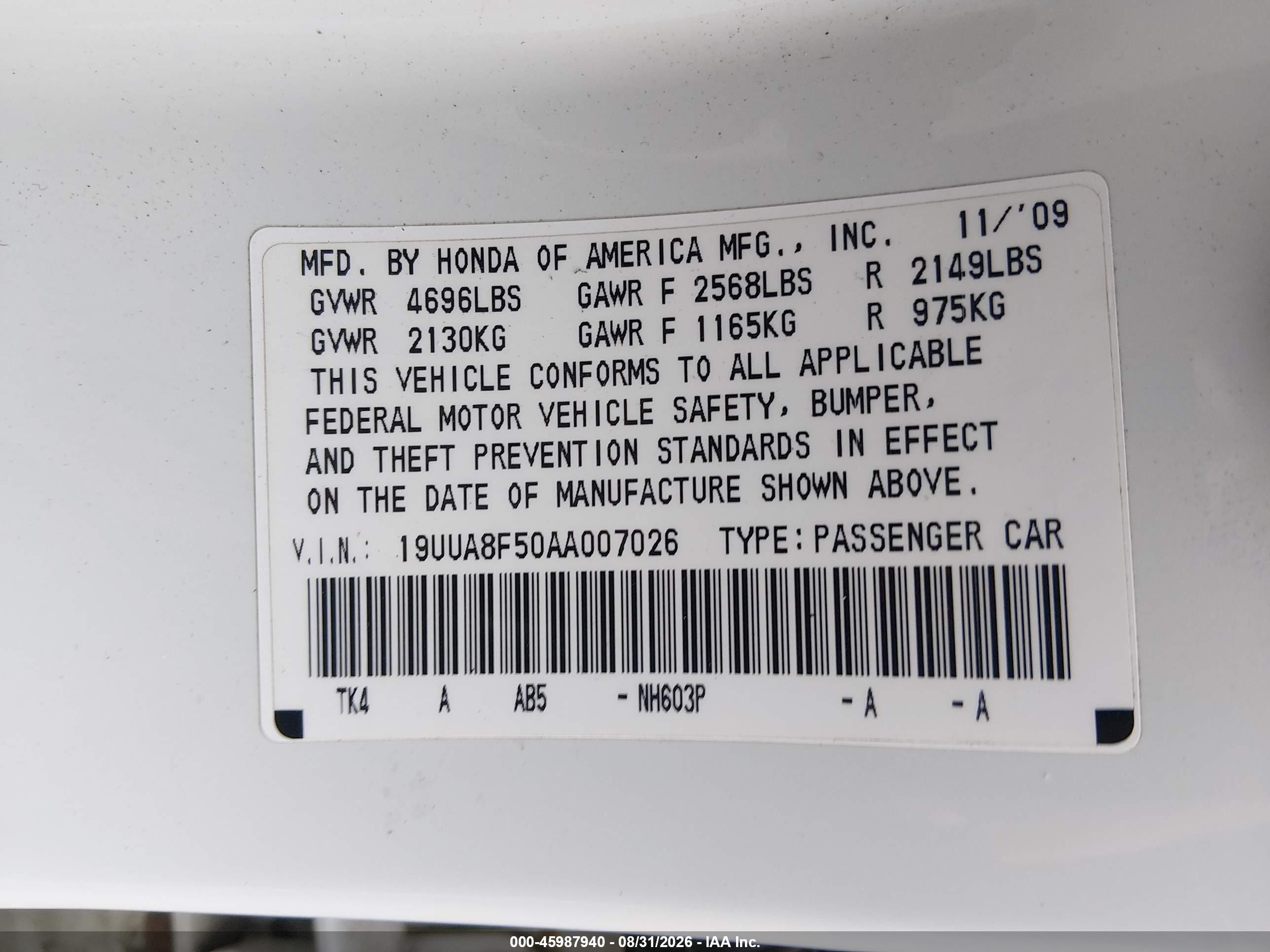 2010 Acura Tl 3.5 White vin: 19UUA8F50AA007026